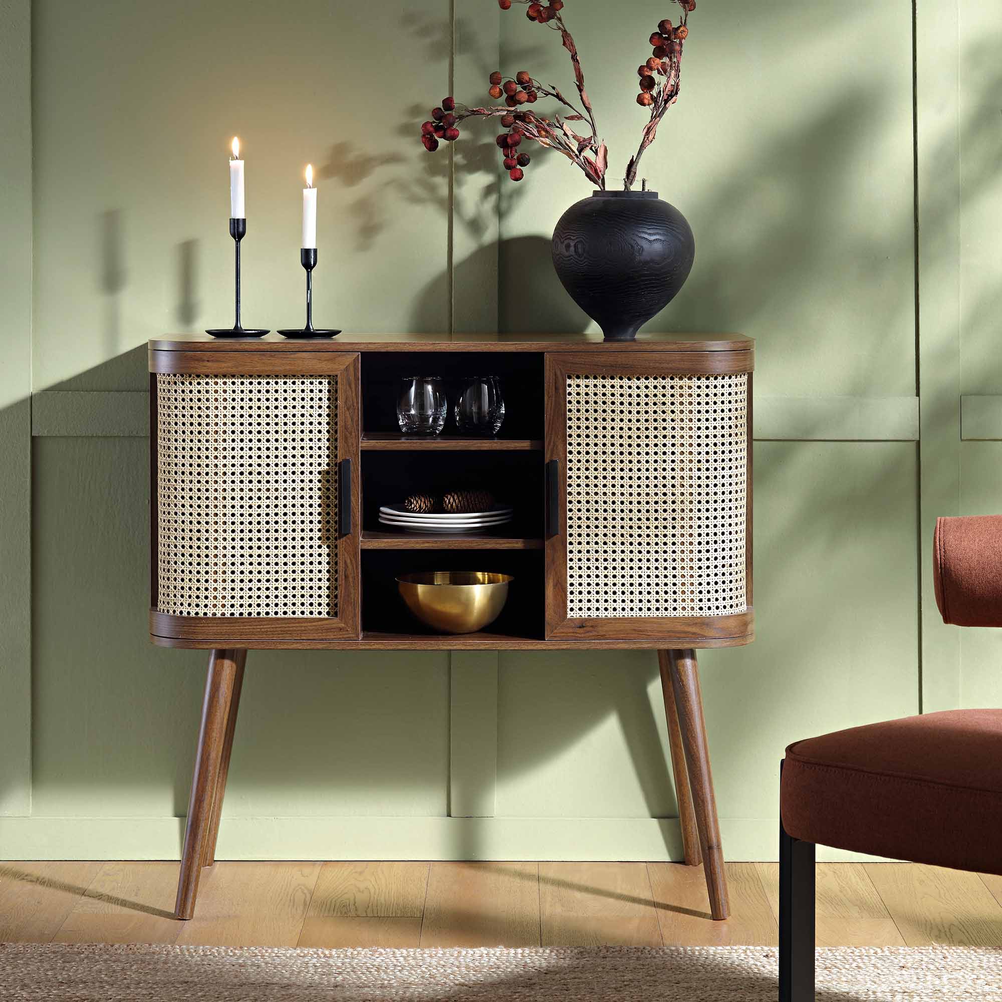 Izzy Curved Rattan 2-Door Buffet Sideboard, Walnut