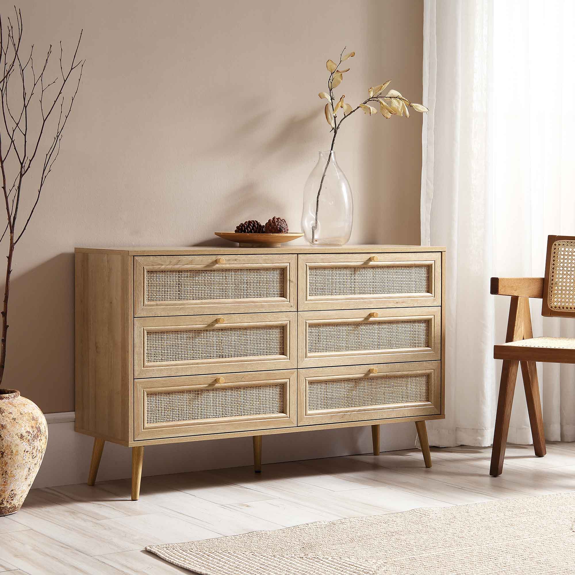 Frances Woven Rattan Chest of 6 Drawers, Natural