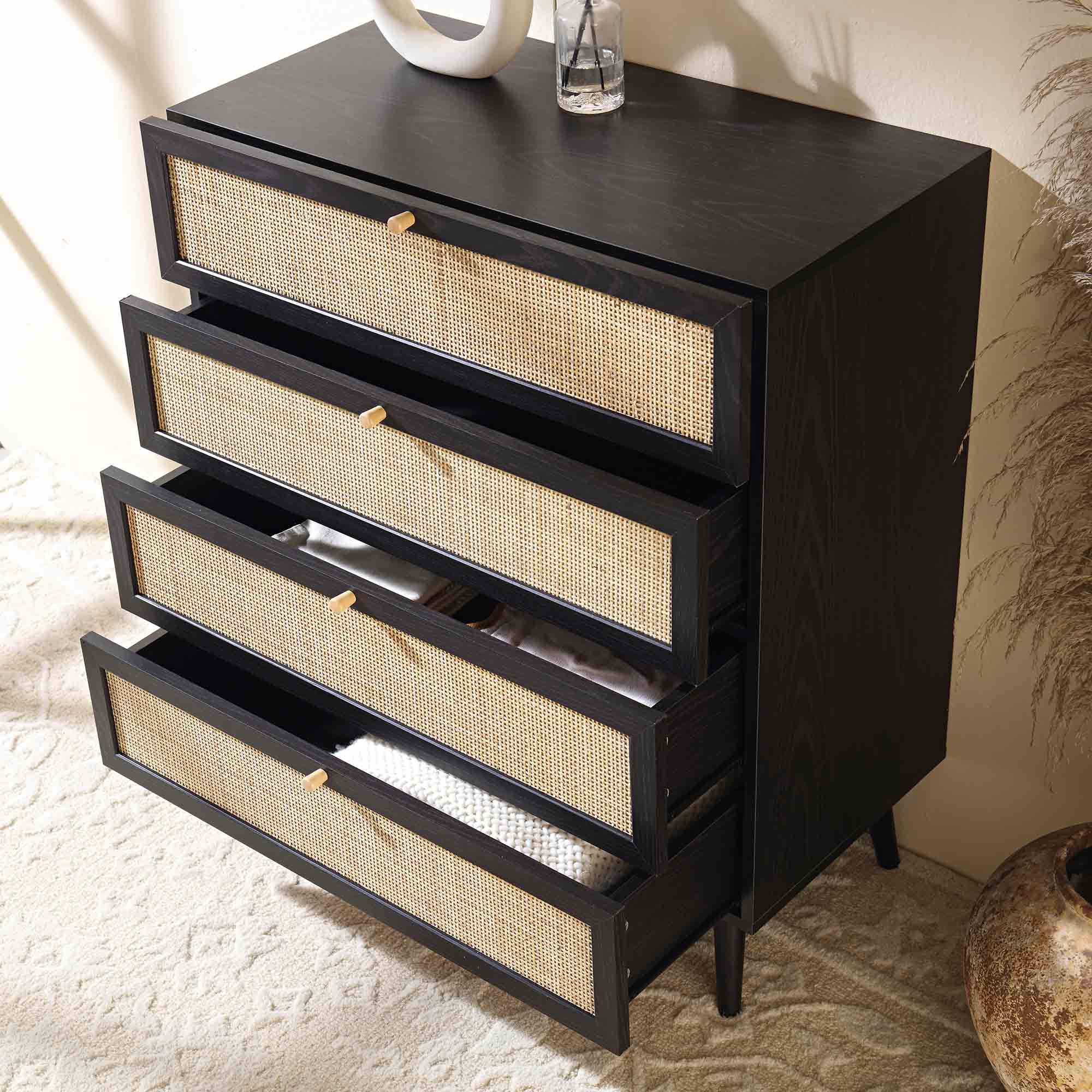 Frances Woven Rattan Tall Chest of 4 Drawers, Black