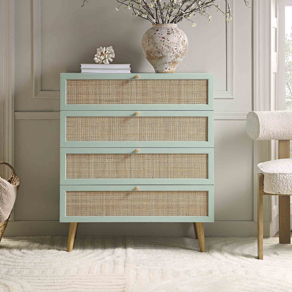 Frances Woven Rattan Tall Chest of 4 Drawers, Mint