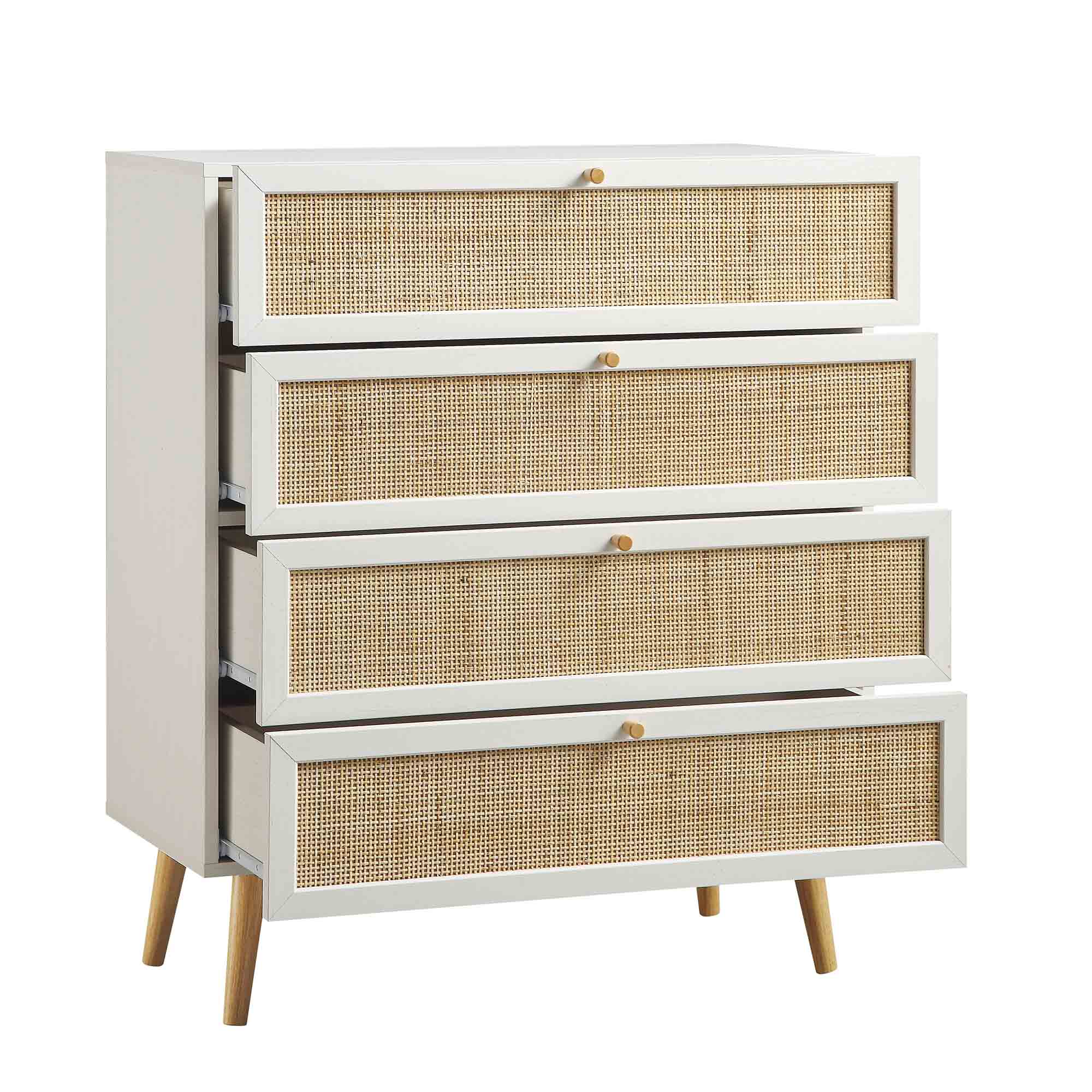 Frances Woven Rattan Tall Chest of 4 Drawers, White