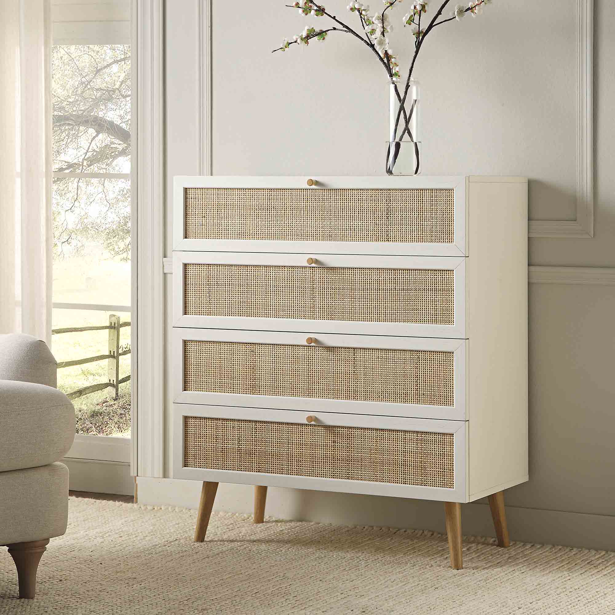 Frances Woven Rattan Tall Chest of 4 Drawers, White