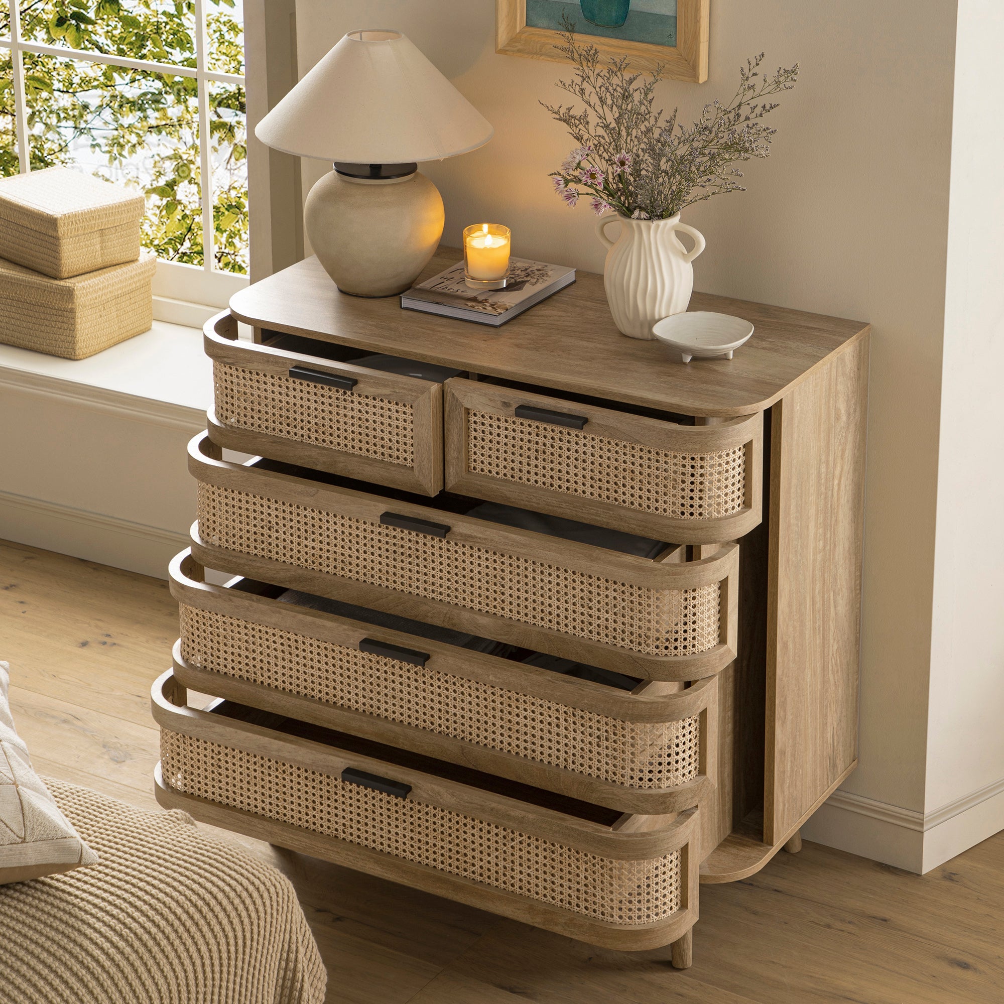 Izzy Curved Rattan Chest of 5 Drawers, Natural