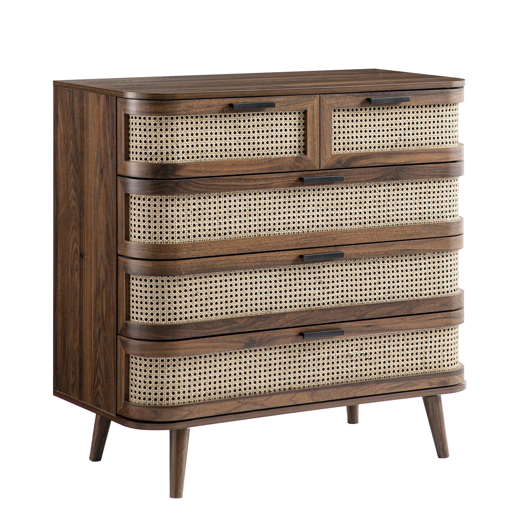 Izzy Curved Rattan Chest of 5 Drawers, Walnut