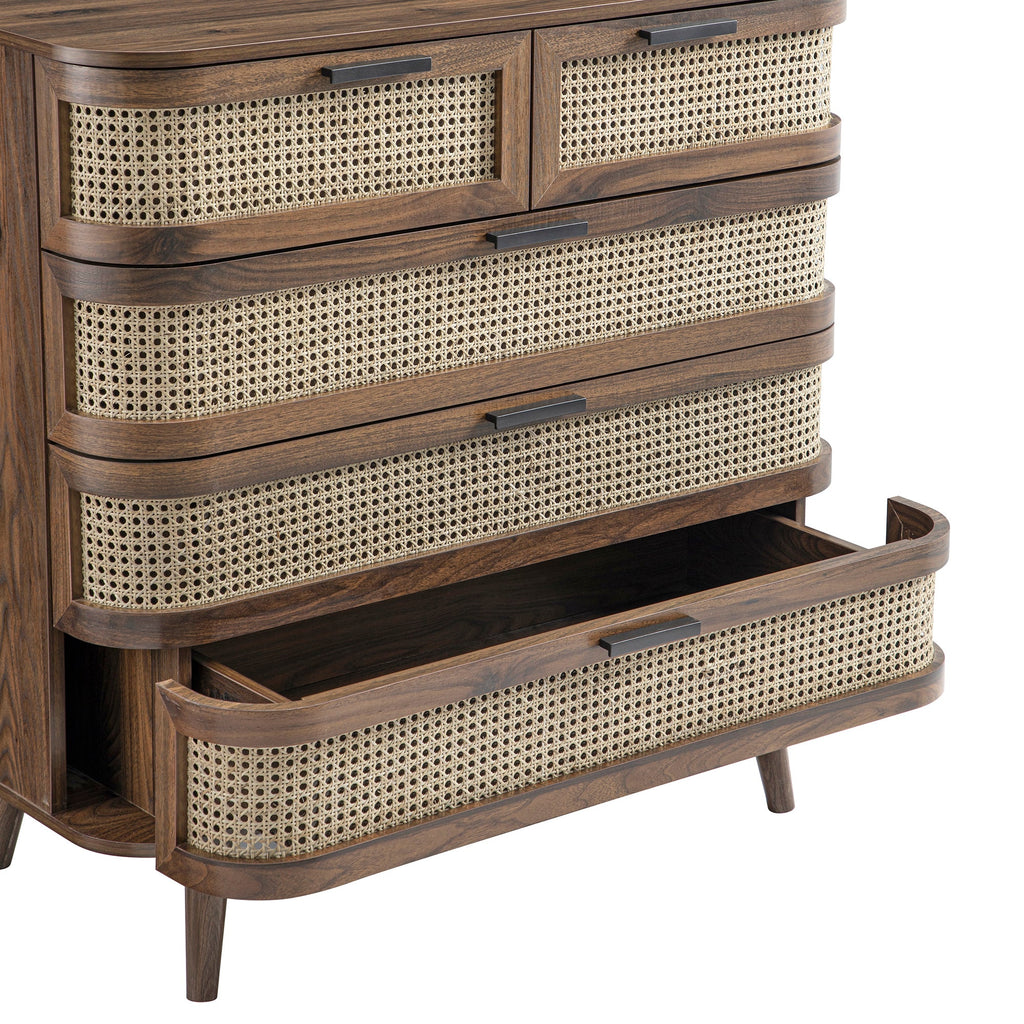 Izzy Curved Rattan Chest of 5 Drawers, Walnut