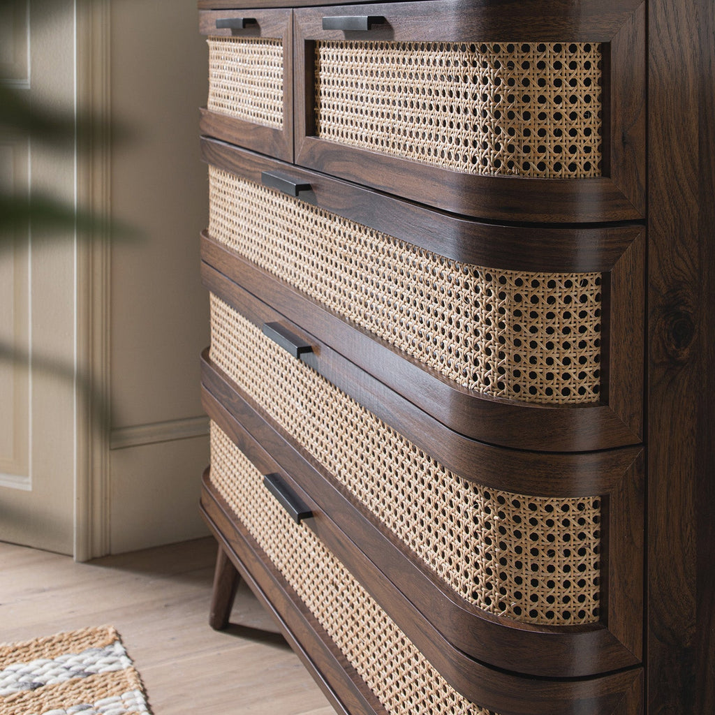 Izzy Curved Rattan Chest of 5 Drawers, Walnut