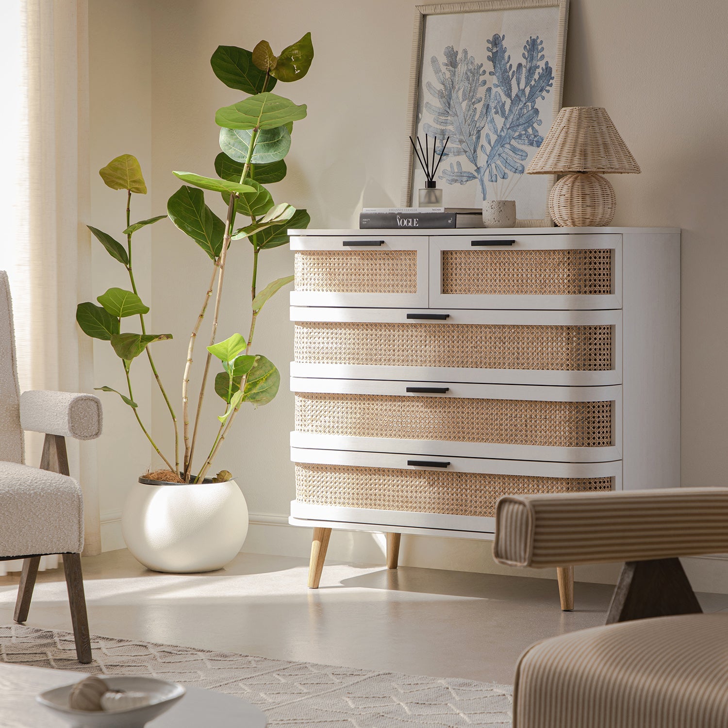 Izzy Curved Rattan Chest of 5 Drawers, White