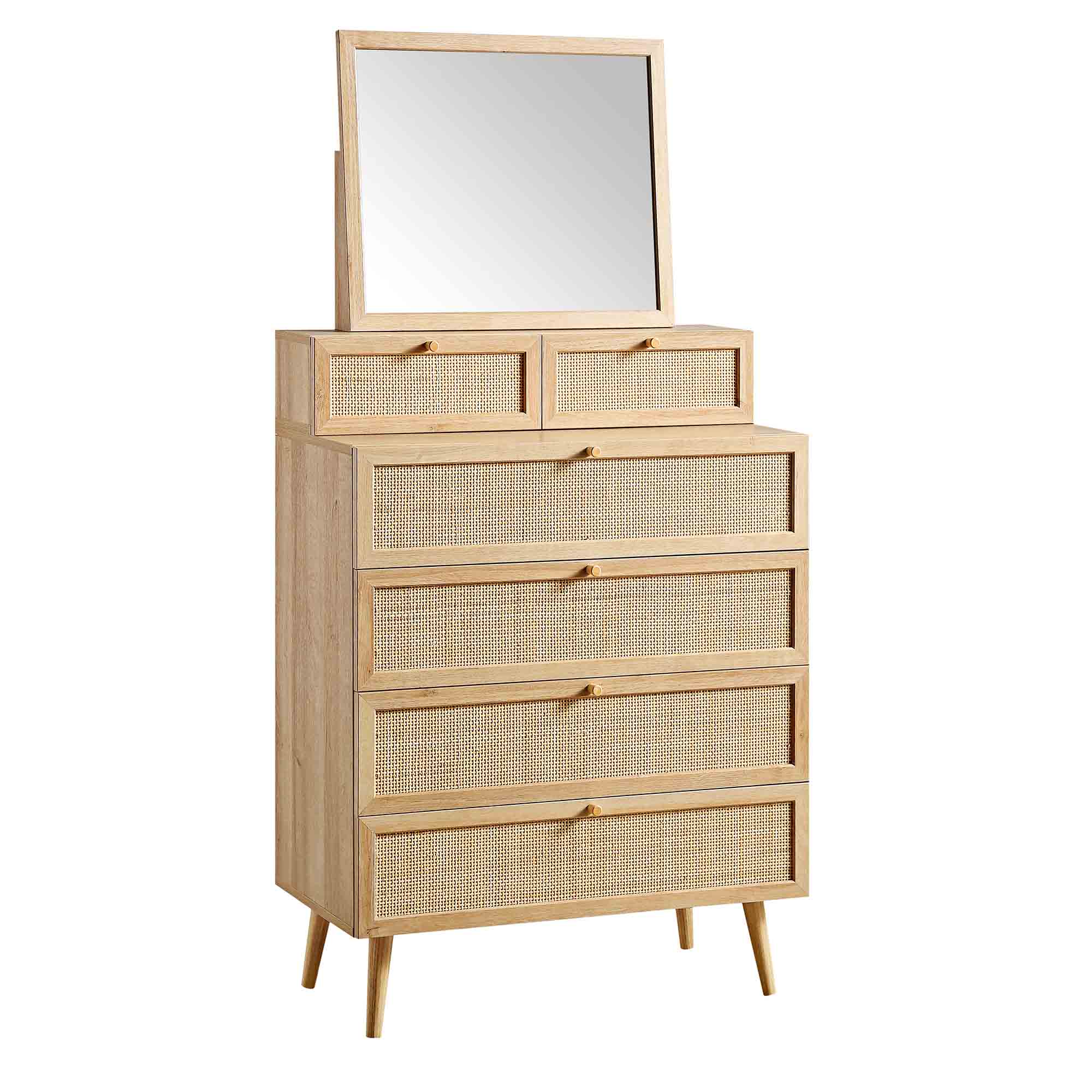 Frances Woven Rattan Tall Vanity Chest with Mirror, Natural