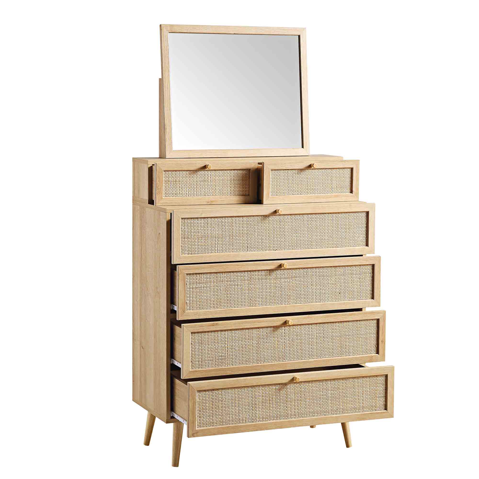 Frances Woven Rattan Tall Vanity Chest with Mirror, Natural