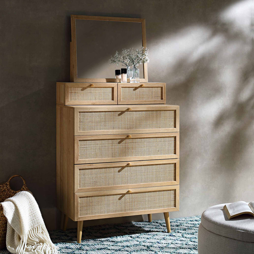 Frances Woven Rattan Tall Vanity Chest with Mirror, Natural