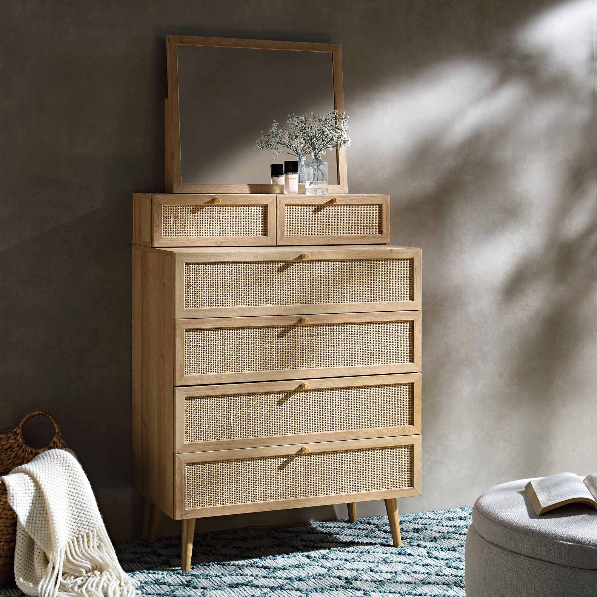 Frances Woven Rattan Tall Vanity Chest with Mirror, Natural