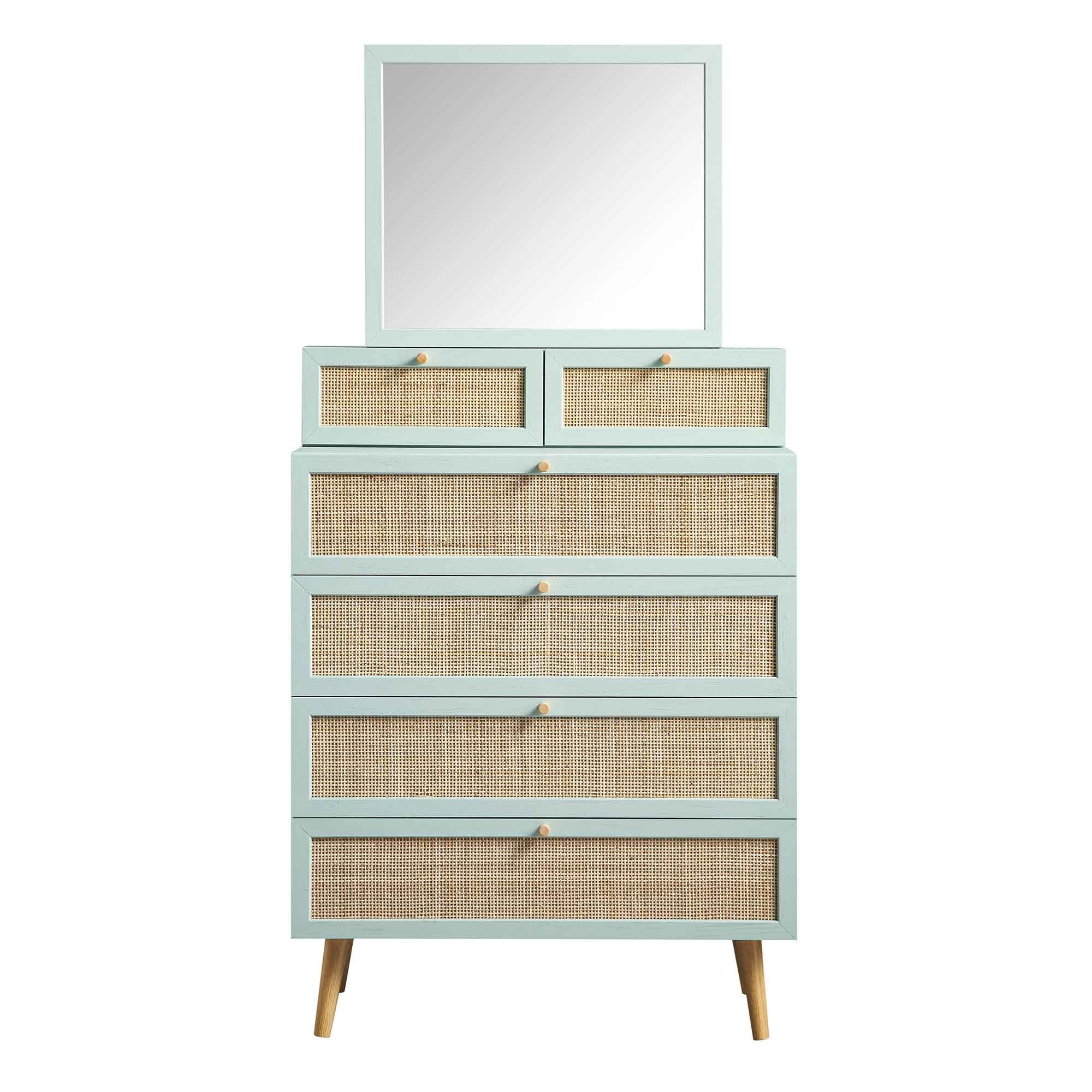 Frances Woven Rattan Tall Vanity Chest with Mirror, Mint