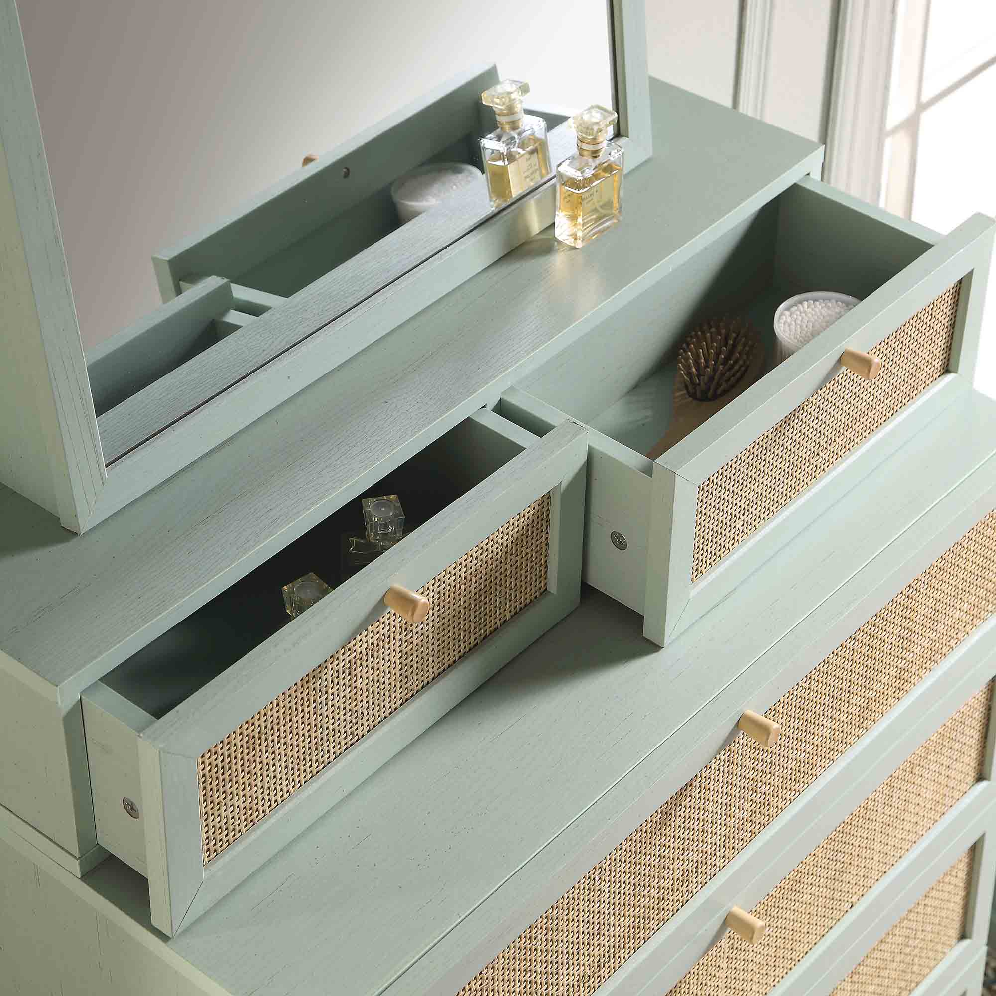 Frances Woven Rattan Tall Vanity Chest with Mirror, Mint