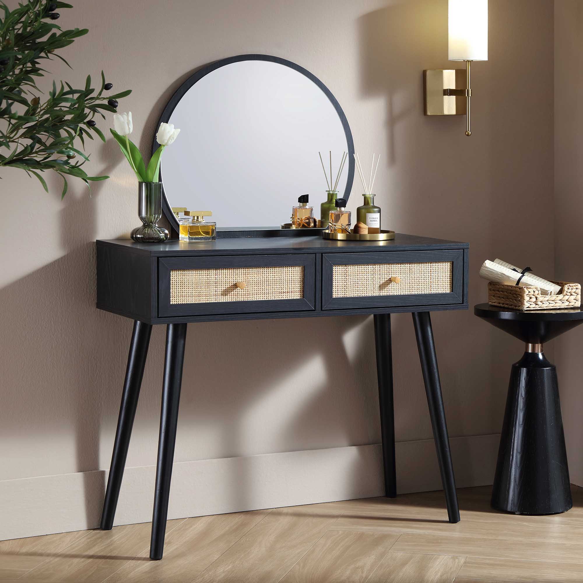 Frances Woven Rattan Dressing Table with Mirror, Black