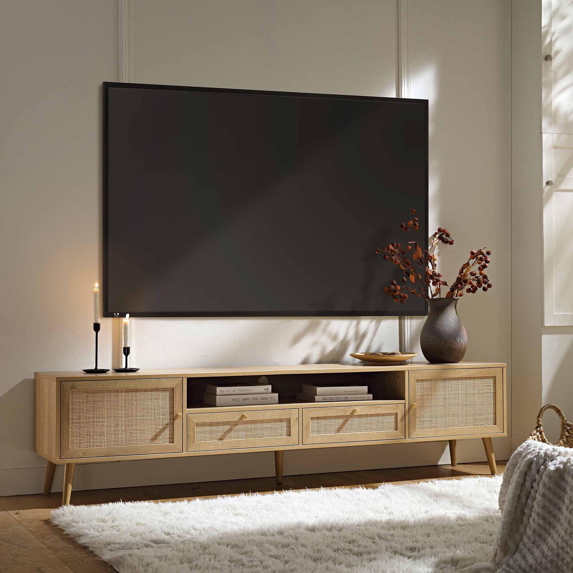 Frances Woven Rattan 200cm Wide TV Unit, Natural