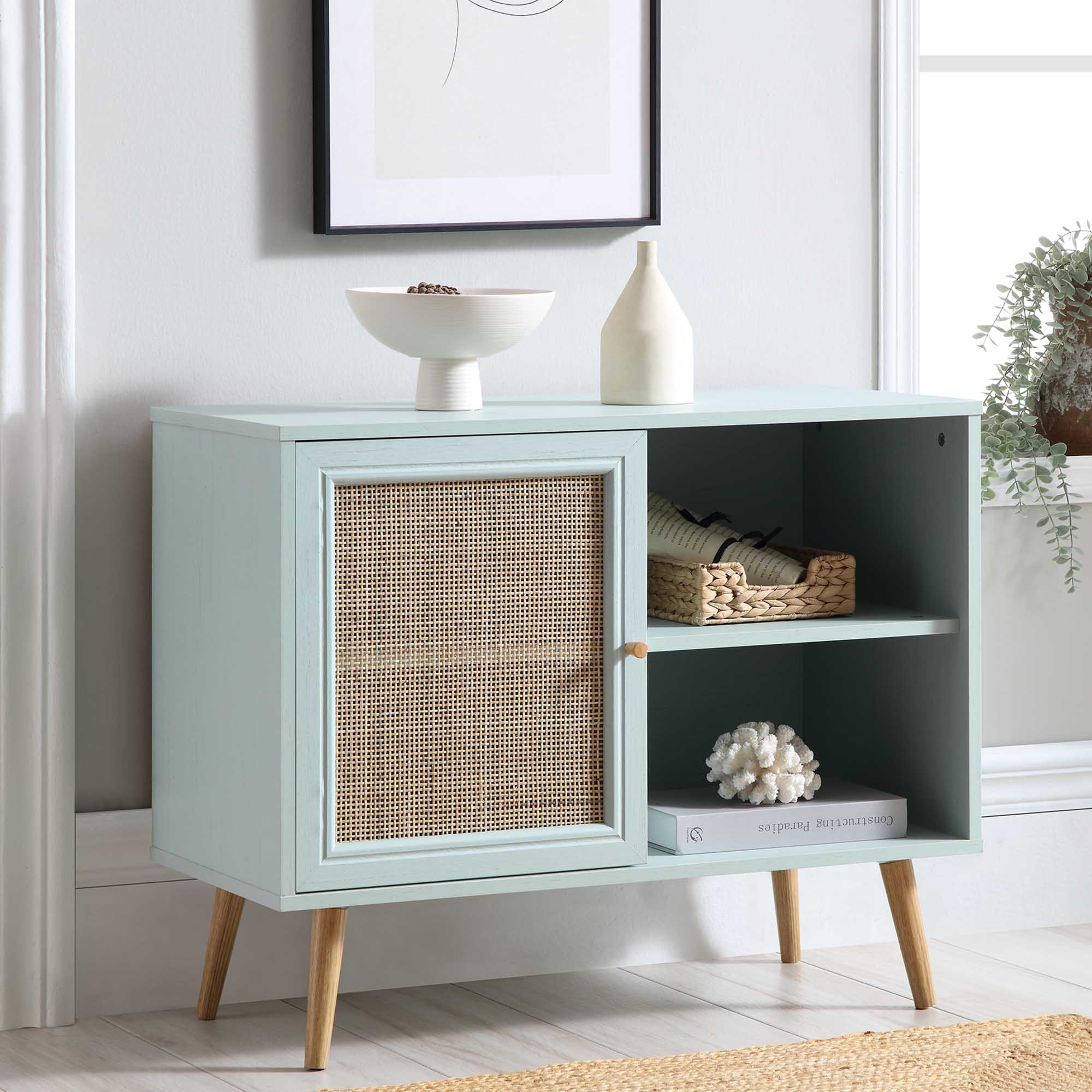 Frances Woven Rattan 1-Door Cabinet in Mint