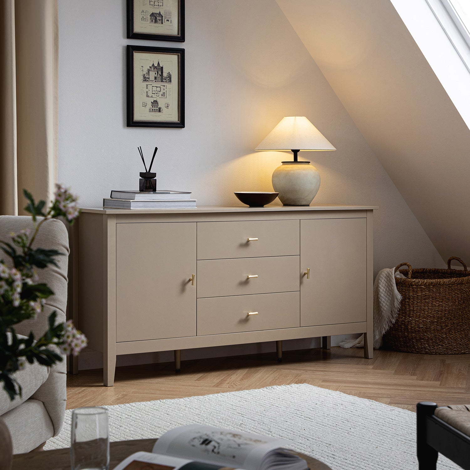 Oakham Wide Sideboard with Drawers, Deep Greige
