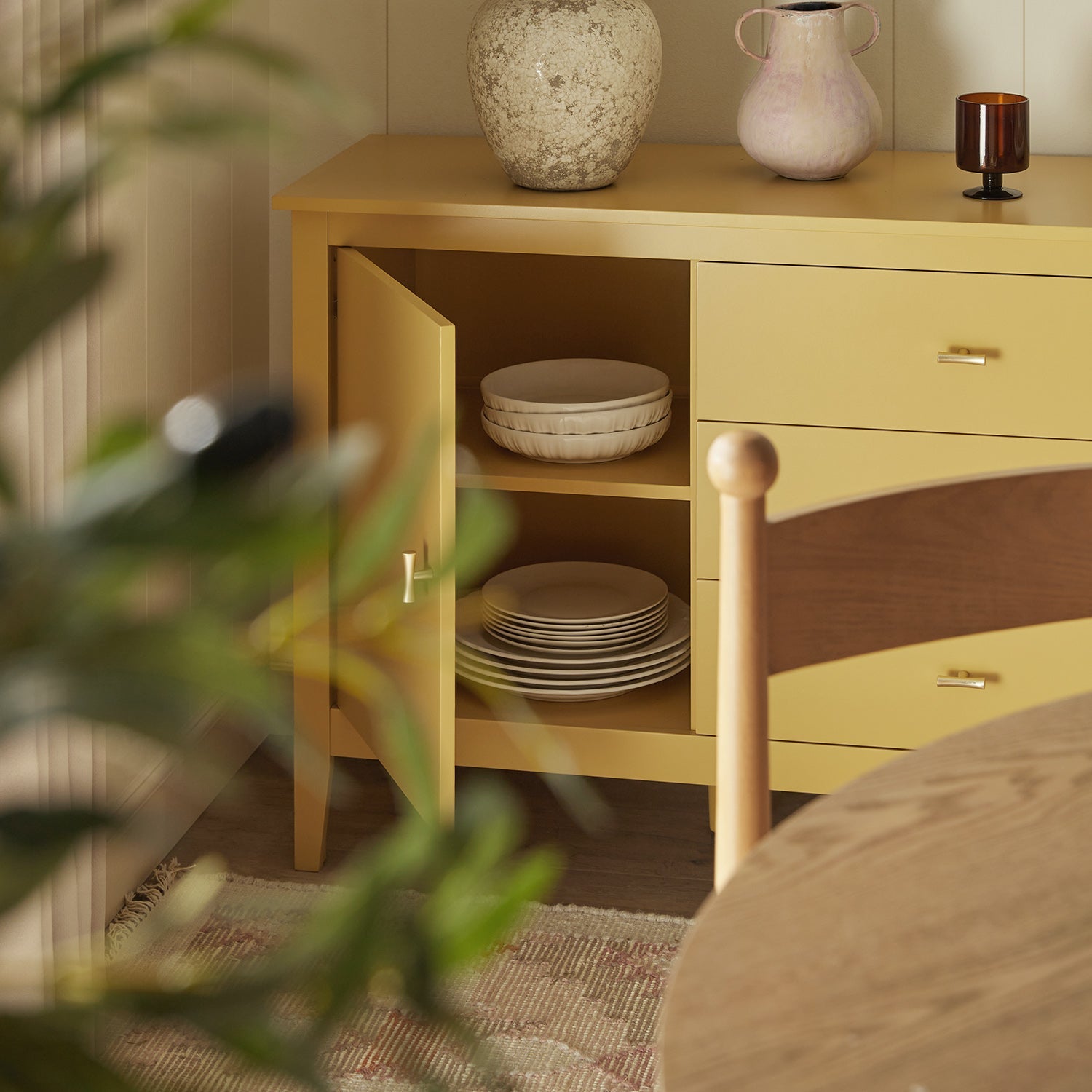 Oakham Wide Sideboard with Drawers, Rattan Yellow