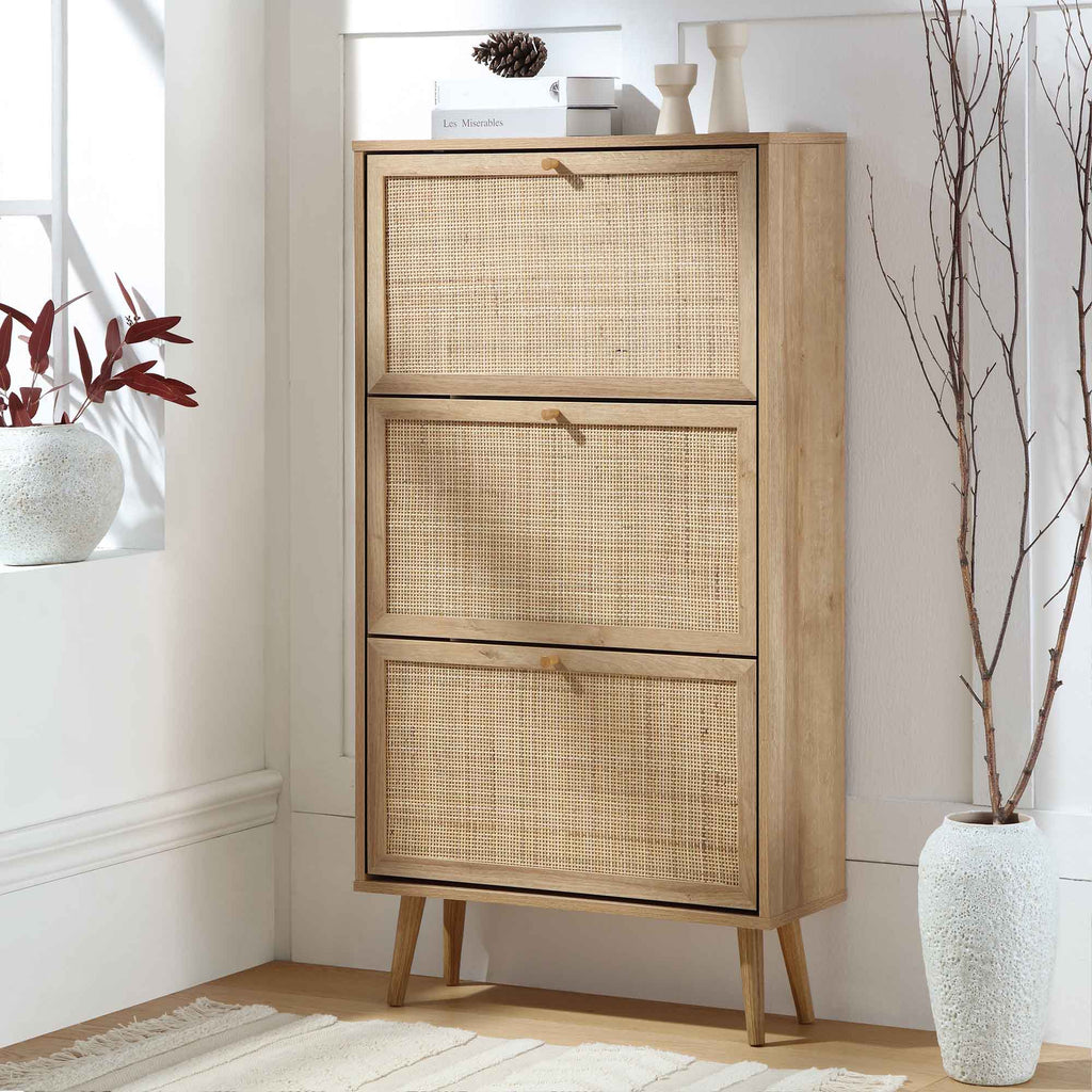 Frances Rattan 3 Tier Shoe Storage Cabinet, Natural