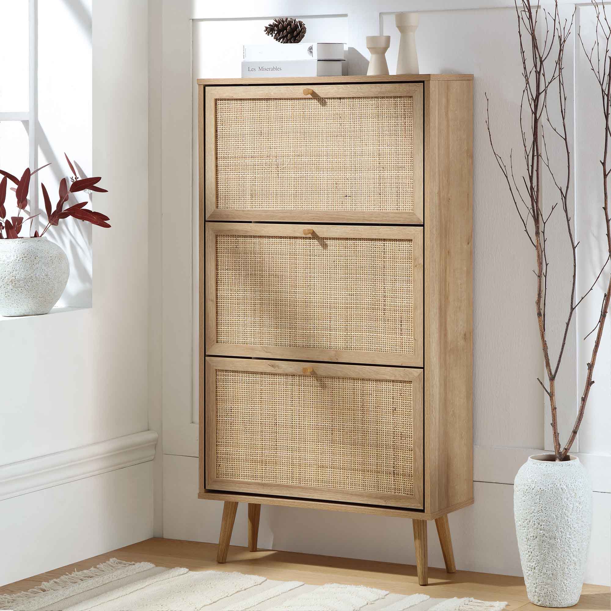 Frances Rattan 3 Tier Shoe Storage Cabinet, Natural