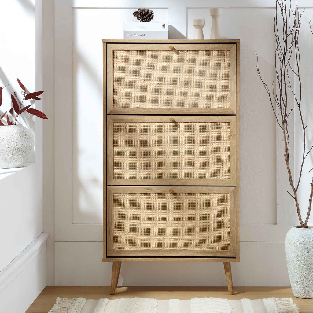 Frances Rattan 3 Tier Shoe Storage Cabinet, Natural