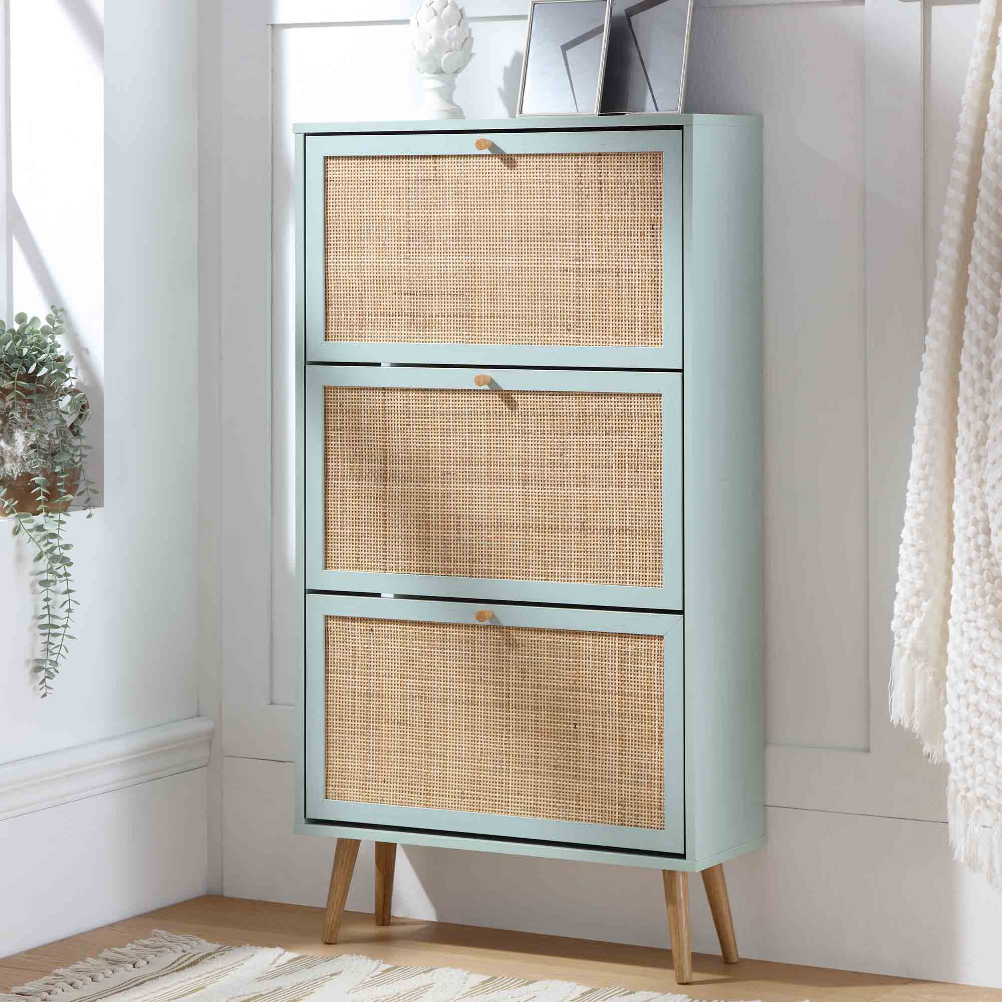 Frances Rattan 3 Tier Shoe Storage Cabinet, Mint