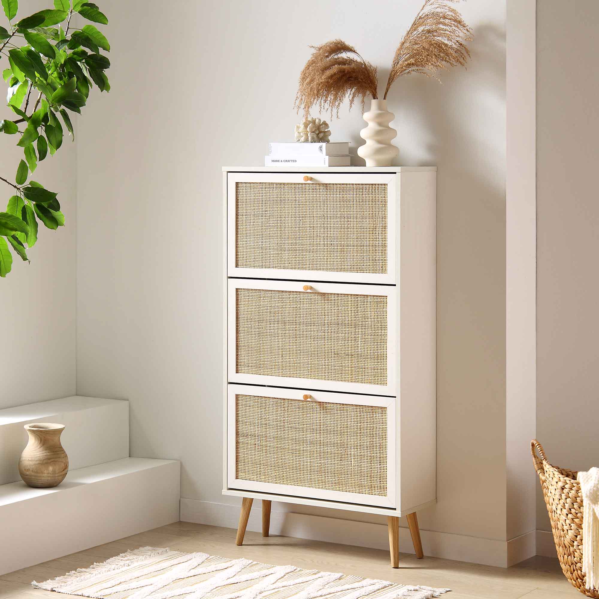 Frances Rattan 3 Tier Shoe Storage Cabinet, White