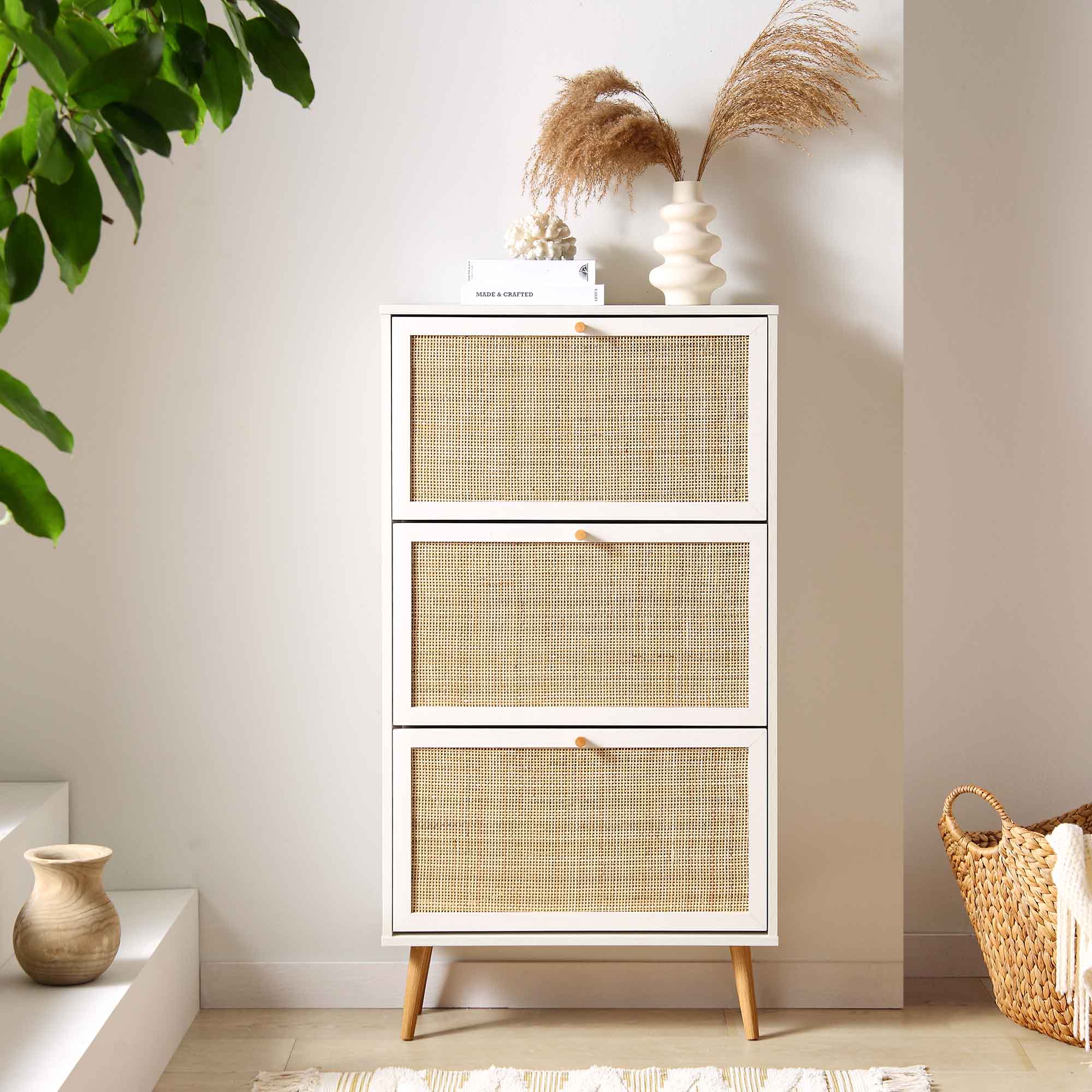 Frances Rattan 3 Tier Shoe Storage Cabinet, White