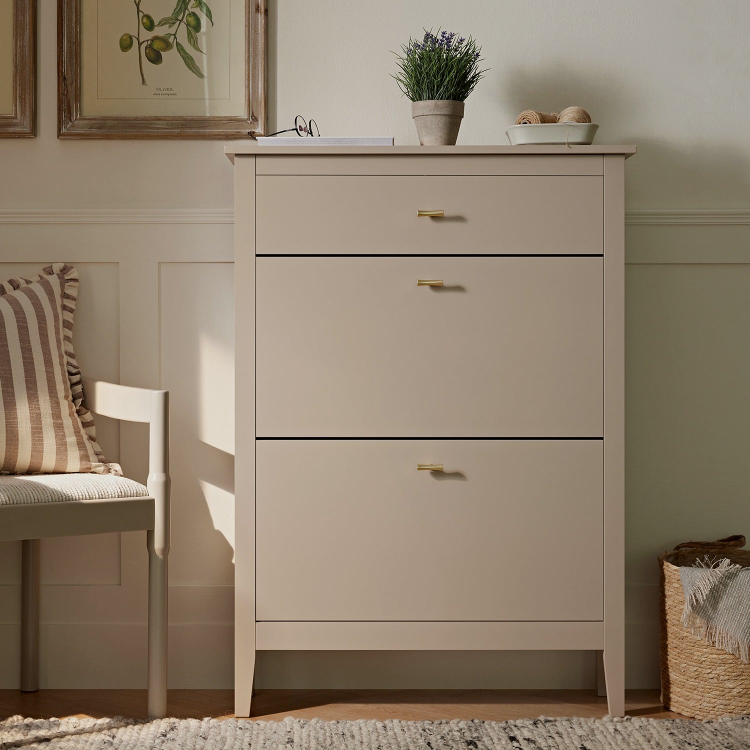 Oakham 2-Tier Shoe Cabinet with Top Drawer, Deep Greige