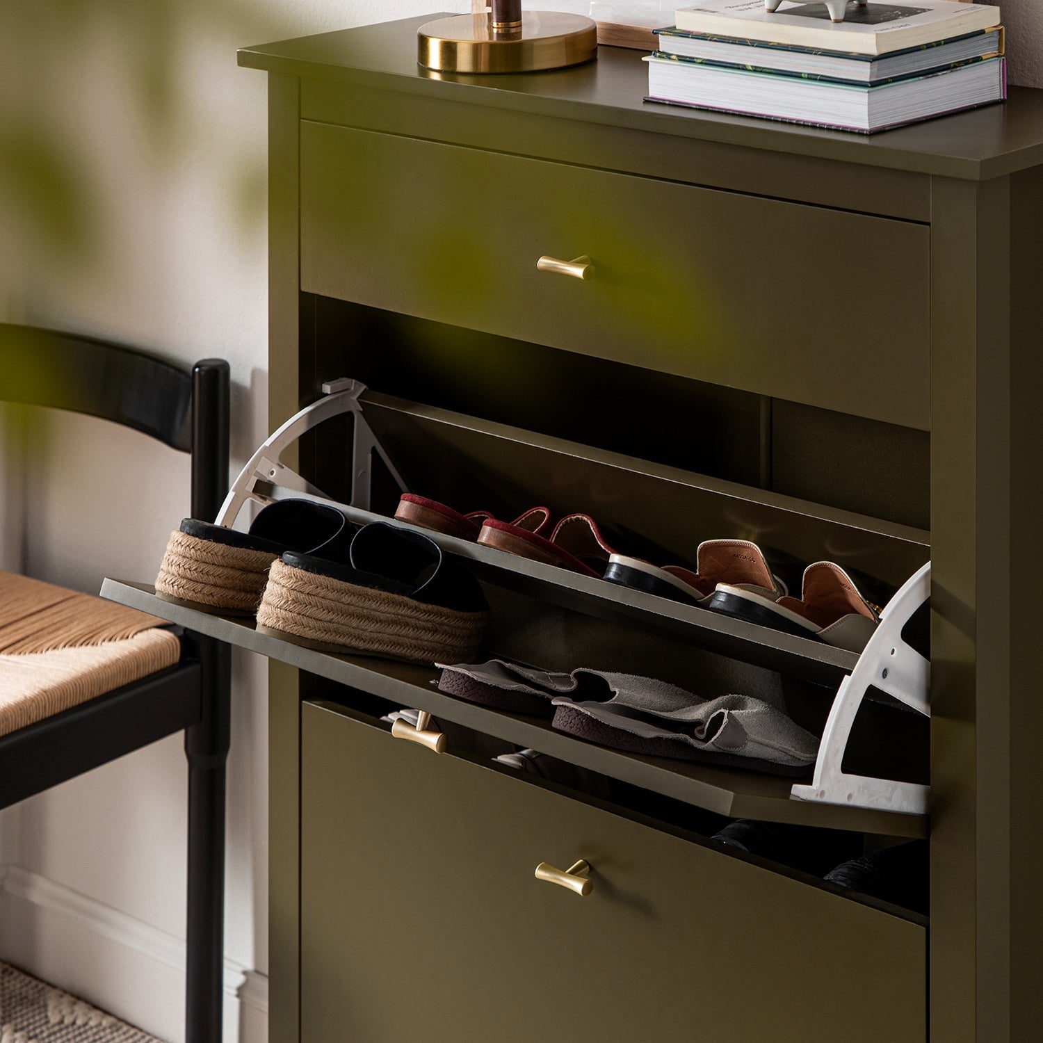 Oakham 2-Tier Shoe Cabinet with Top Drawer, Olive Grove