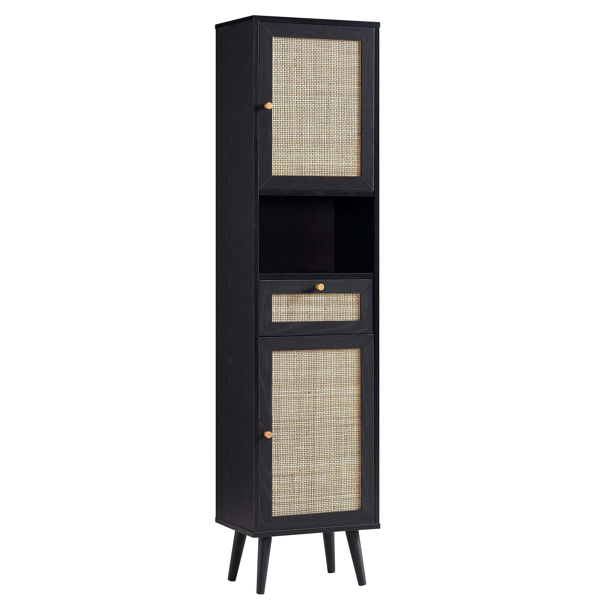 Frances Woven Rattan Tallboy Bathroom Unit, Black