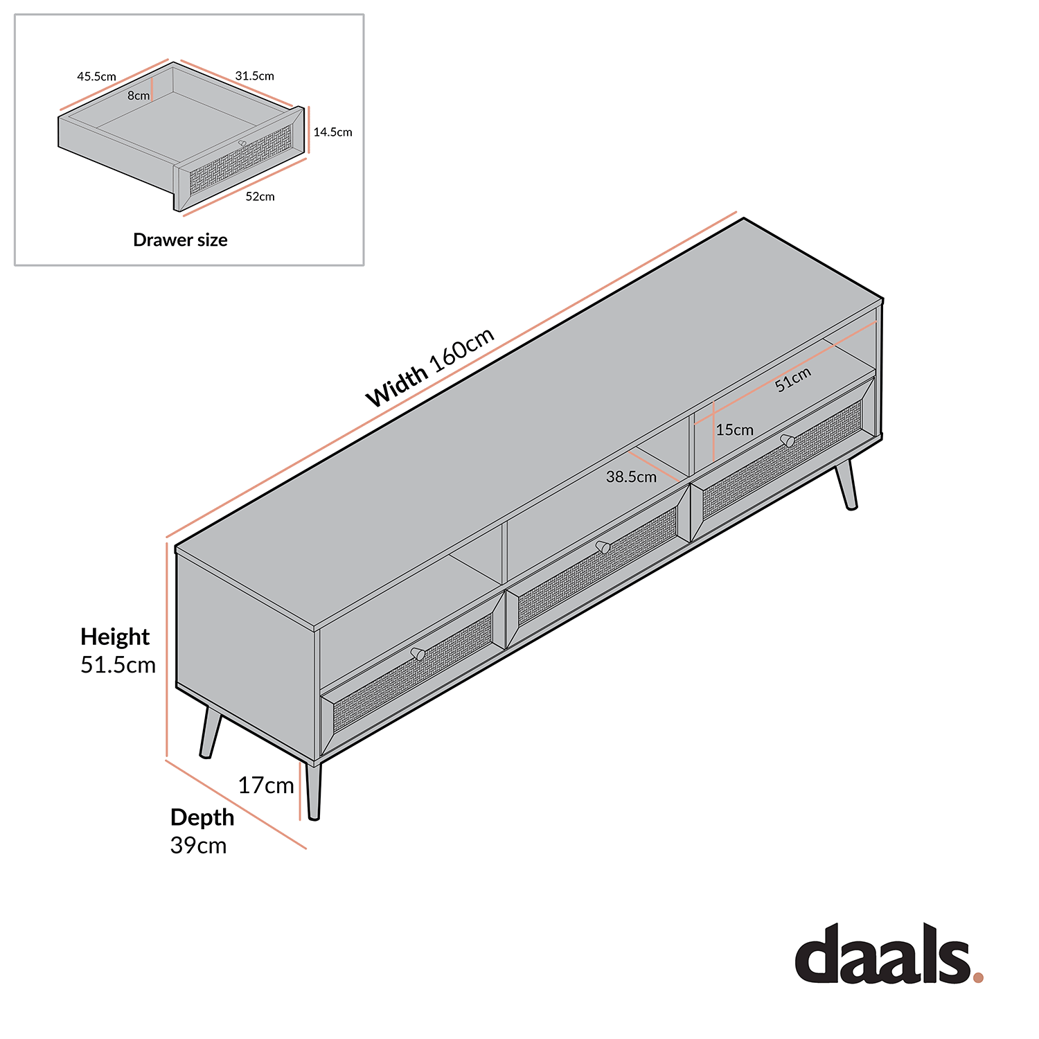 Frances Woven Rattan 160cm 3-Drawer TV Unit, Natural