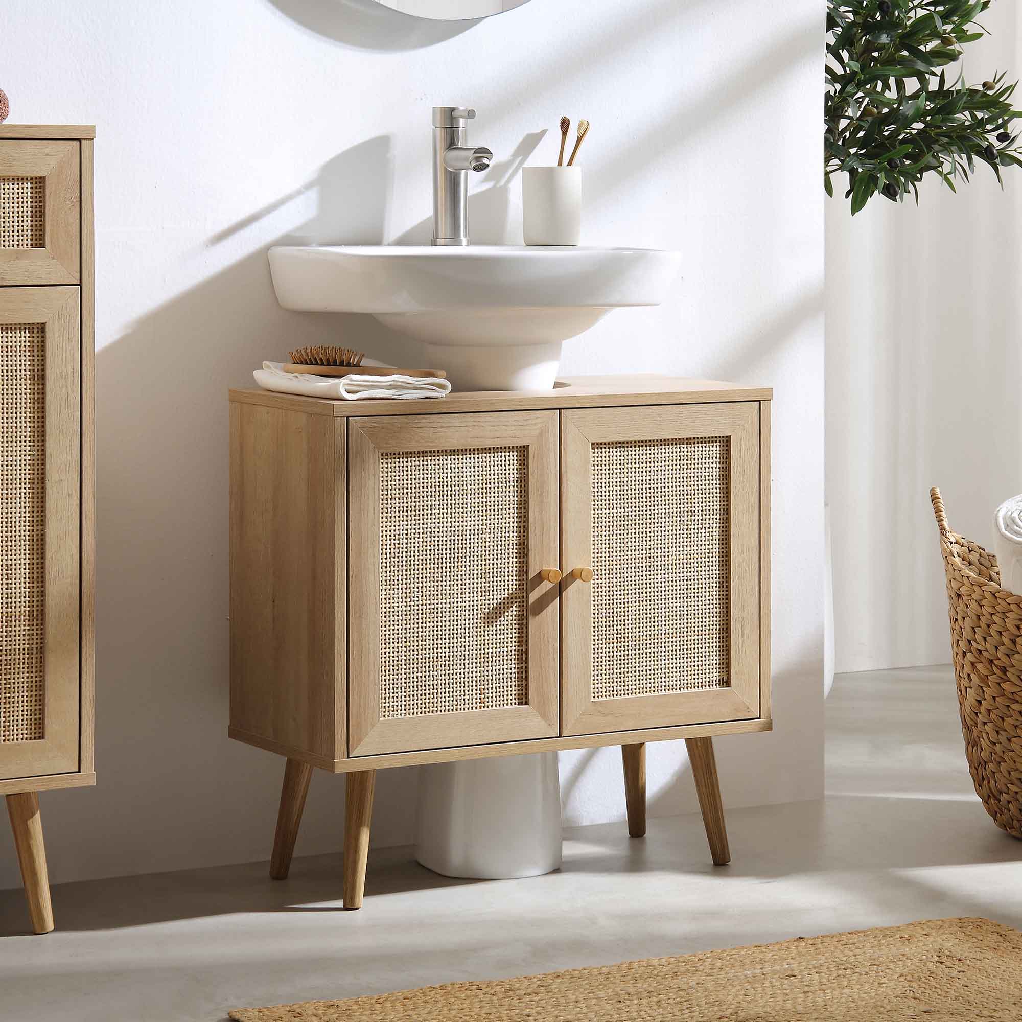 Frances Woven Rattan 2-Door Bathroom Undersink Unit, Natural