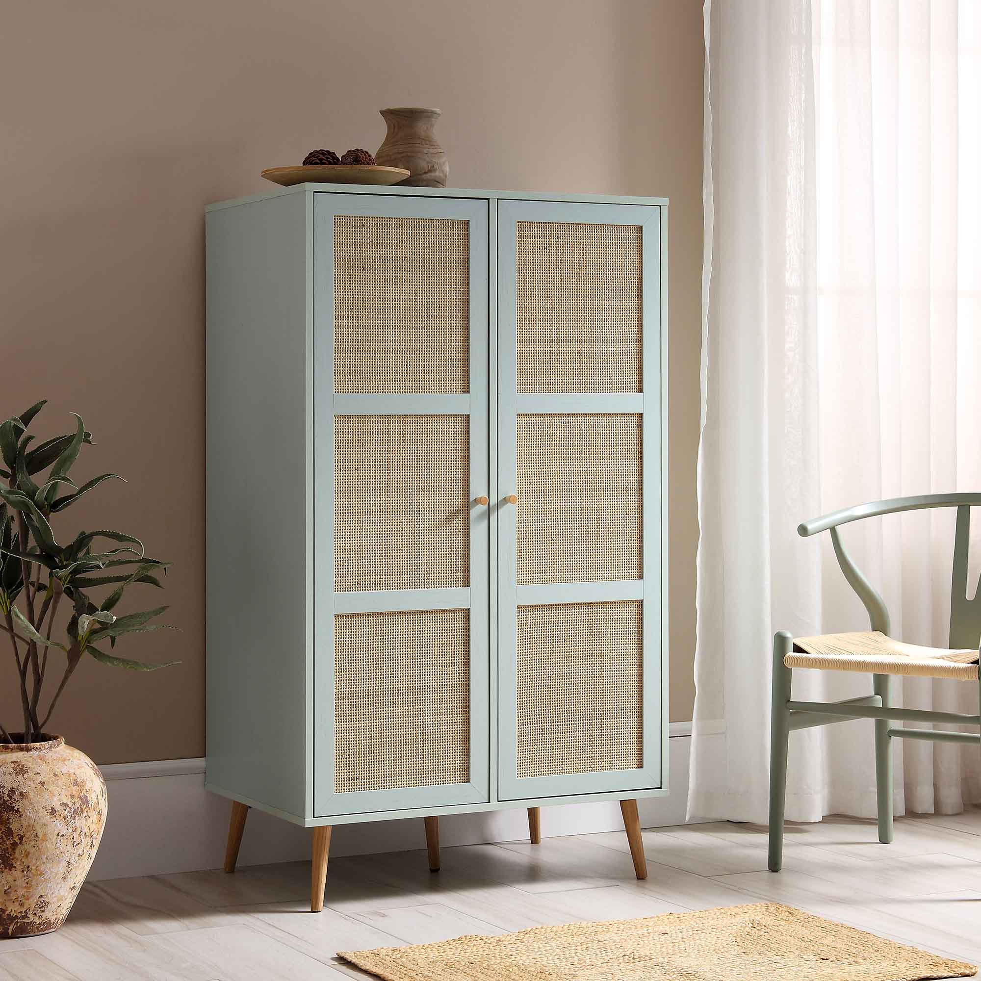Frances Woven Rattan Compact Double Wardrobe, Mint Green