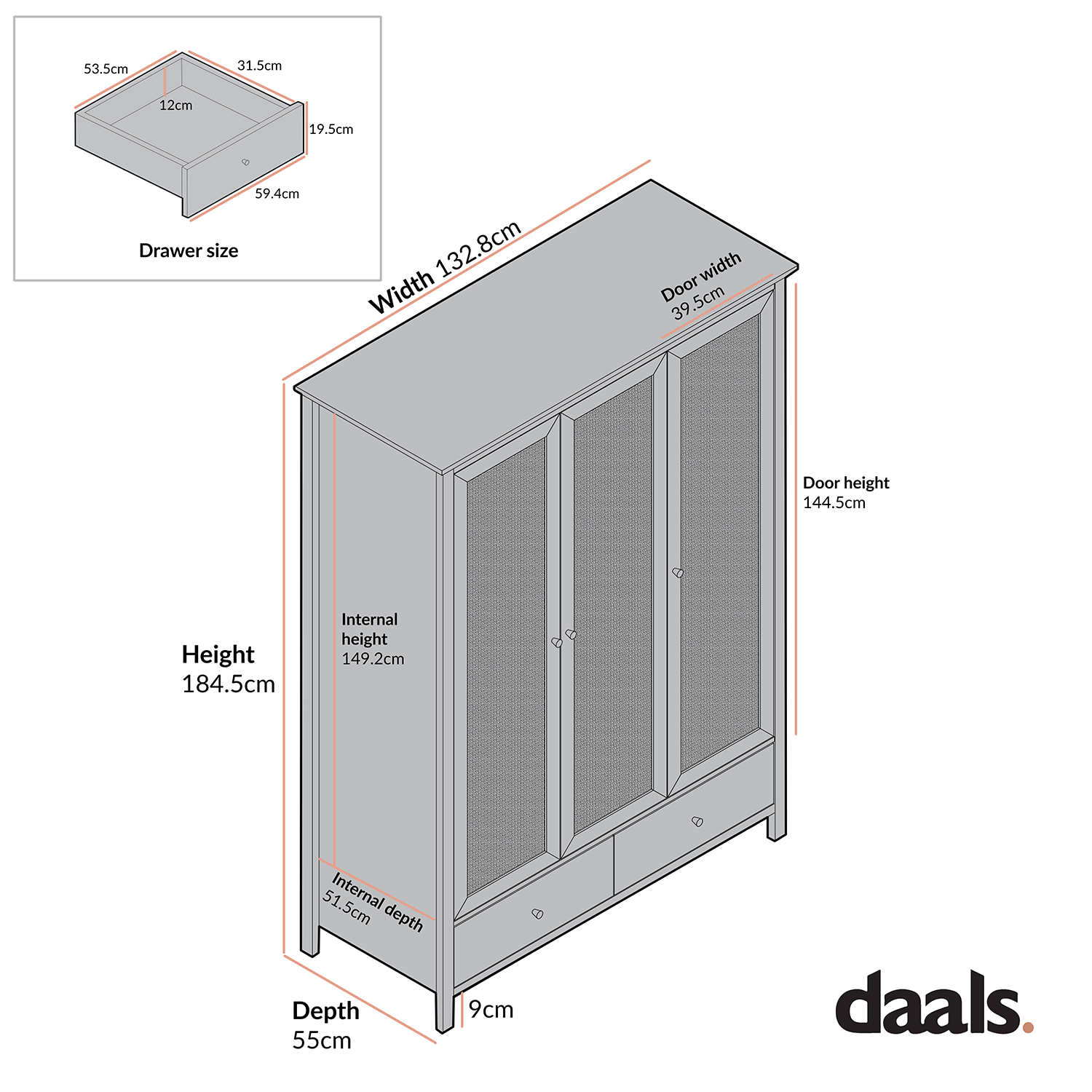 Frances Rattan Triple Wardrobe with 2 Drawers, Natural