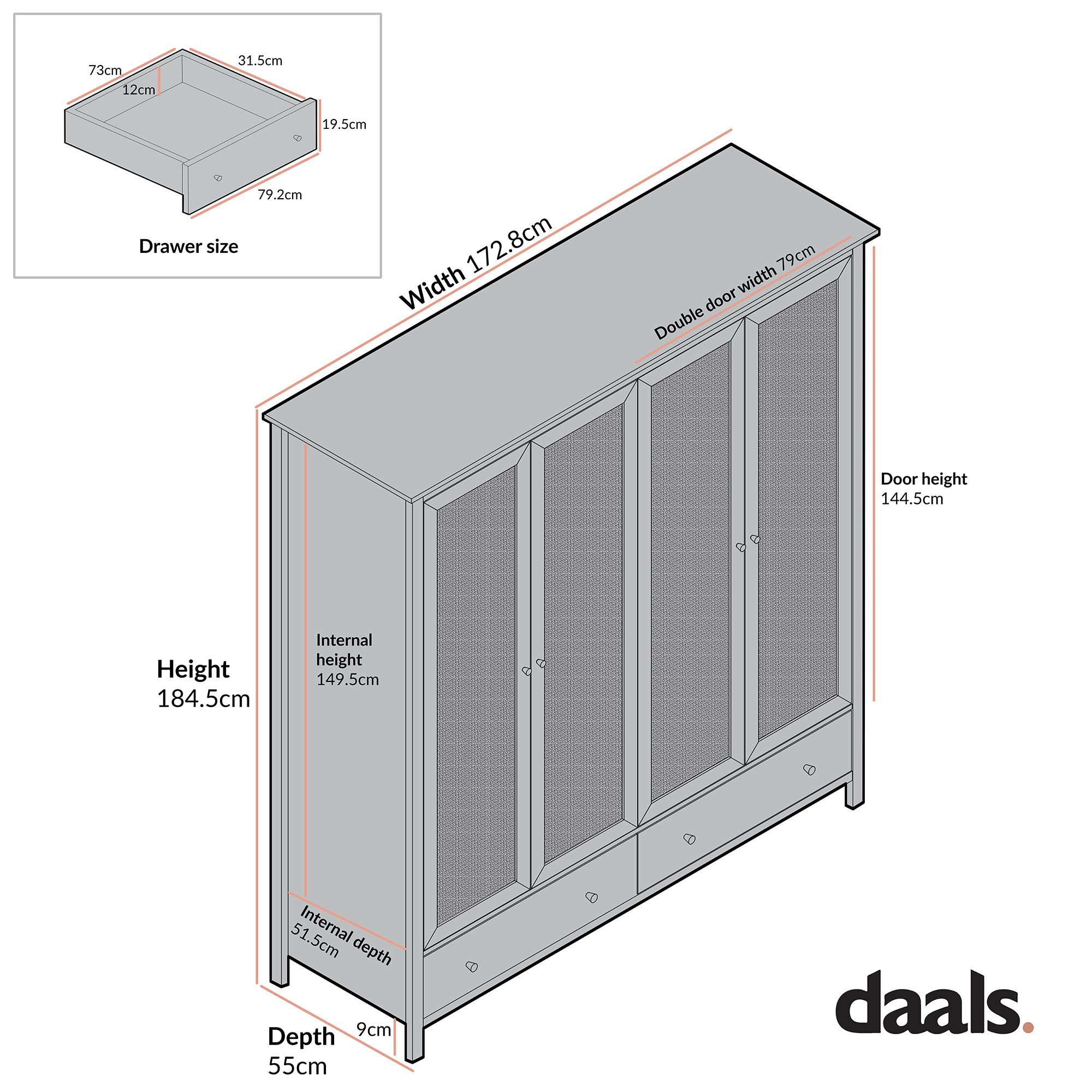 Frances Rattan 4-Door Wardrobe with 2 Drawers, Natural