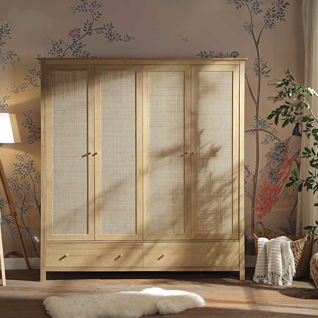 Frances Rattan 4-Door Wardrobe with 2 Drawers, Natural