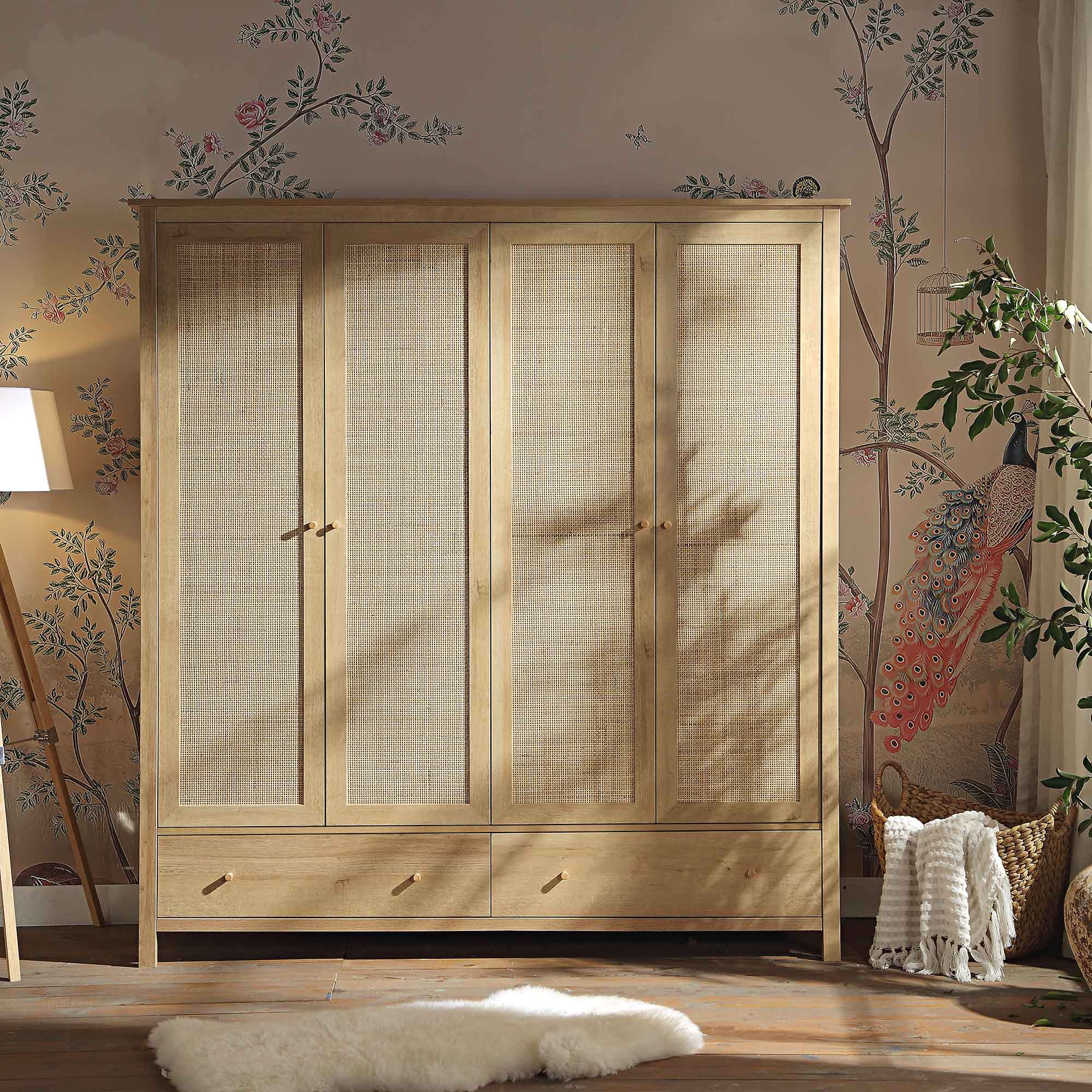 Frances Rattan 4-Door Wardrobe with 2 Drawers, Natural