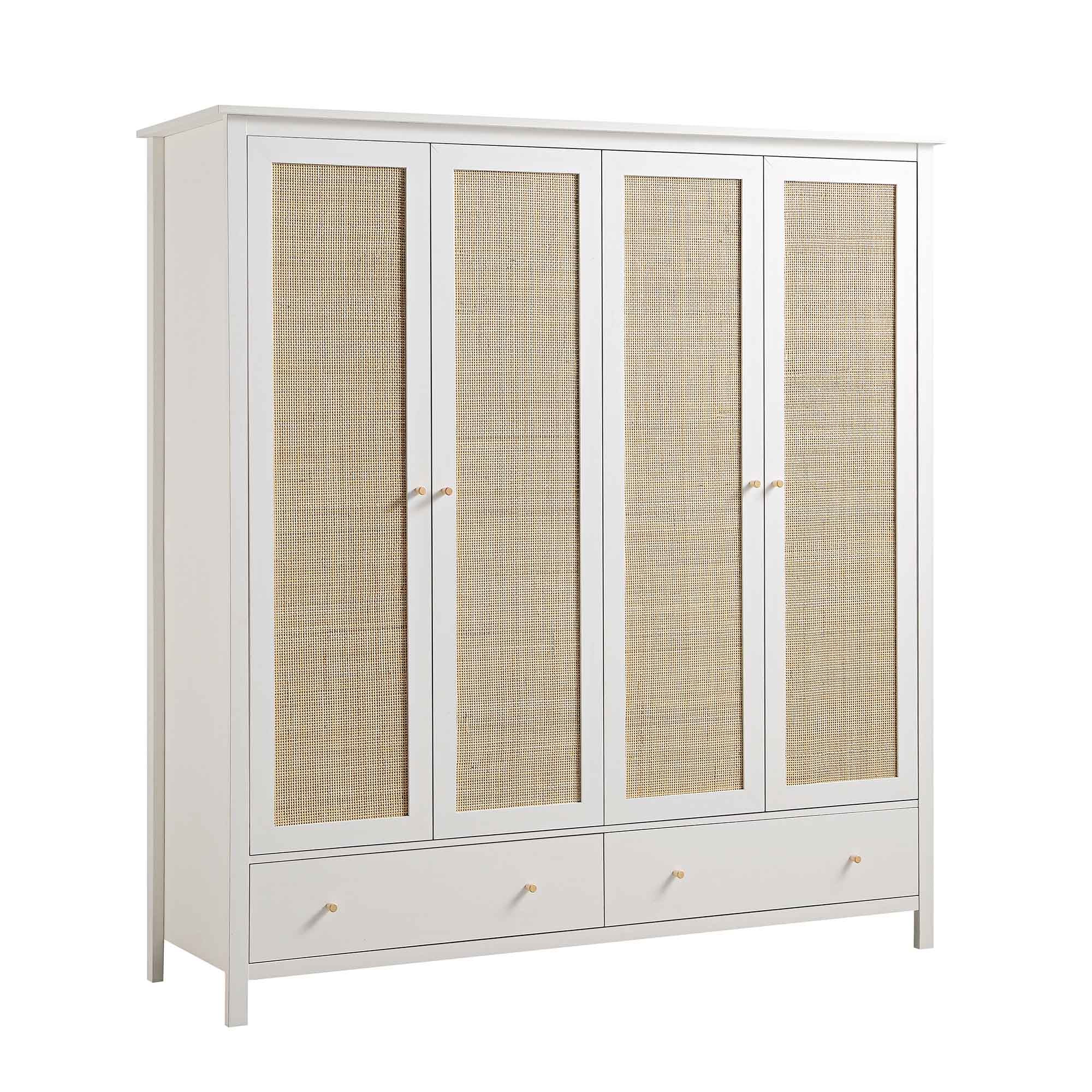 Frances Rattan 4-Door Wardrobe with 2 Drawers, White