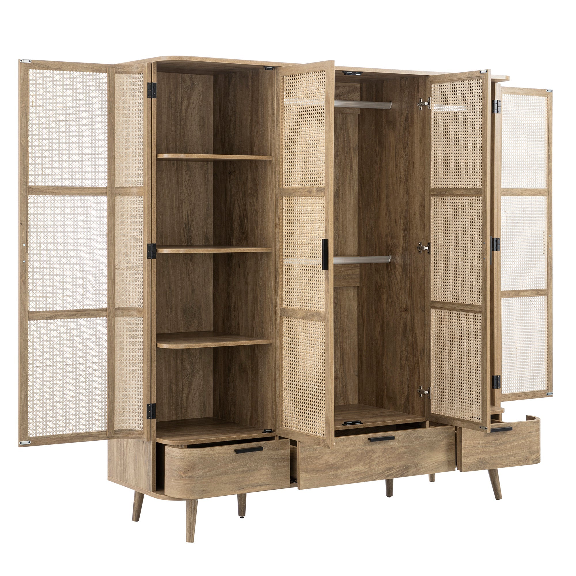 Izzy Curved Rattan 4-Door Wardrobe, Natural