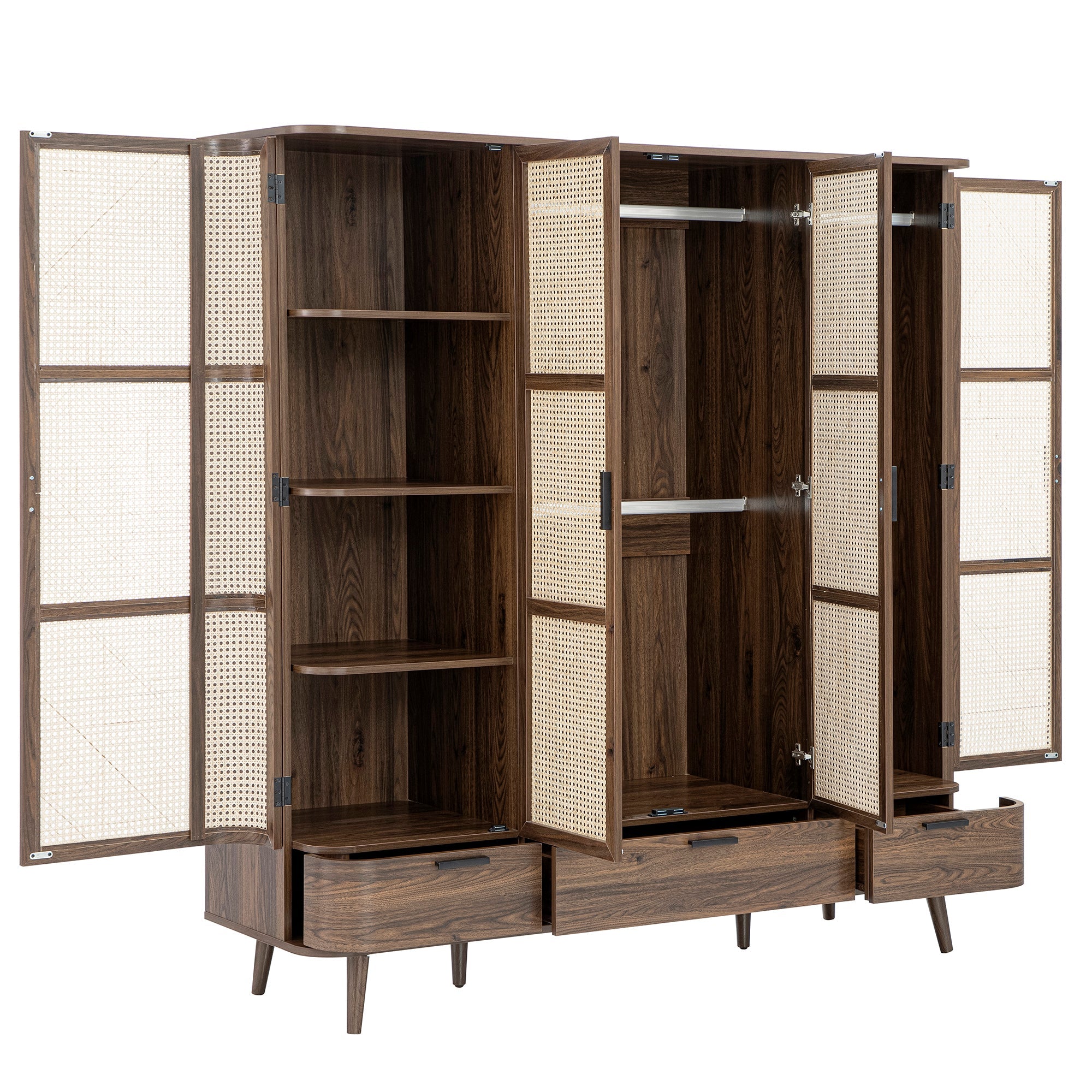 Izzy Curved Rattan 4-Door Wardrobe, Walnut