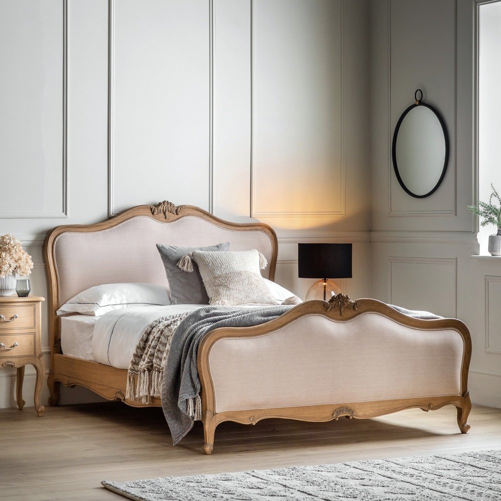 Chic Kingsize Bed - Linen & Weathered Wood