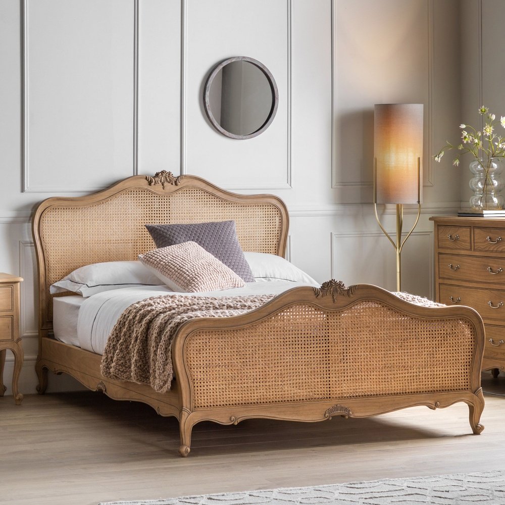 Chic Kingsize Bed - Cane & Weathered Wood Bed