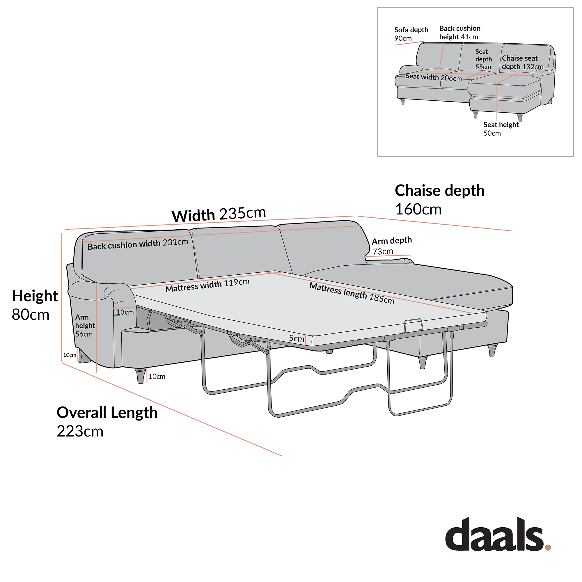Daphnis Fudge Velvet Sofa Bed, Grande Chaise Right Hand Facing