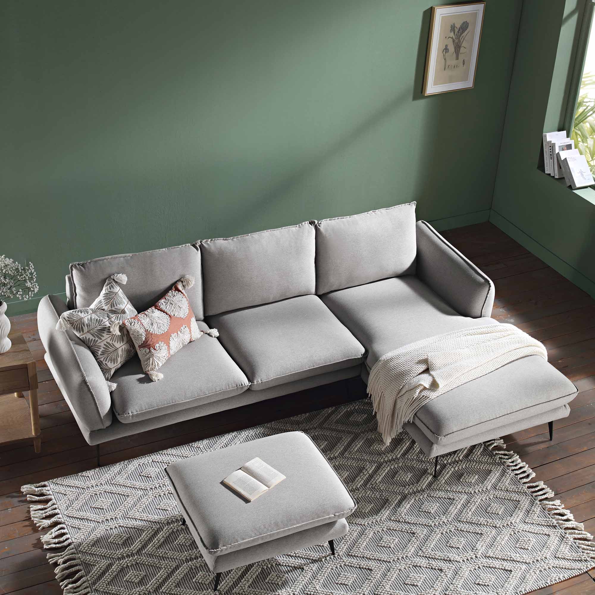 Obriel Grey Marl Fabric Sofa, Grande Chaise Sofa Right Hand Facing