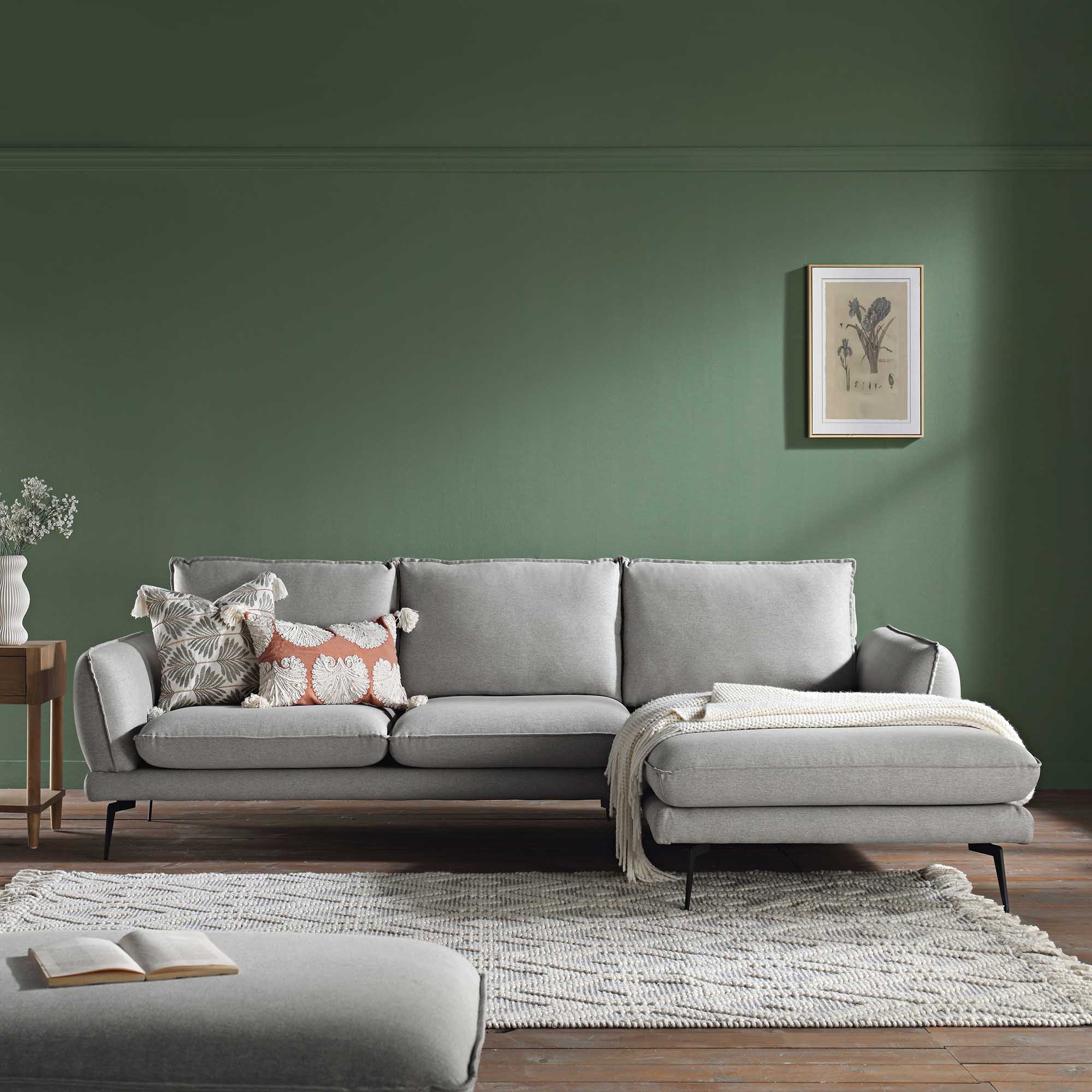Obriel Grey Marl Fabric Sofa, Grande Chaise Sofa Right Hand Facing