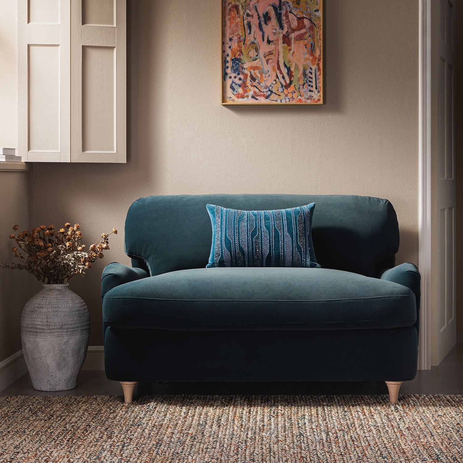 Daphnis Aegean Blue Velvet Sofa Bed, Loveseat