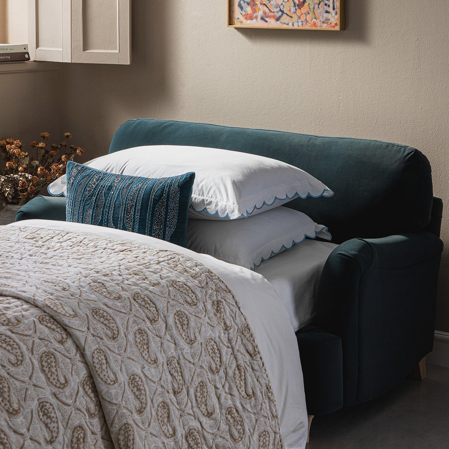 Daphnis Aegean Blue Velvet Sofa Bed, Loveseat