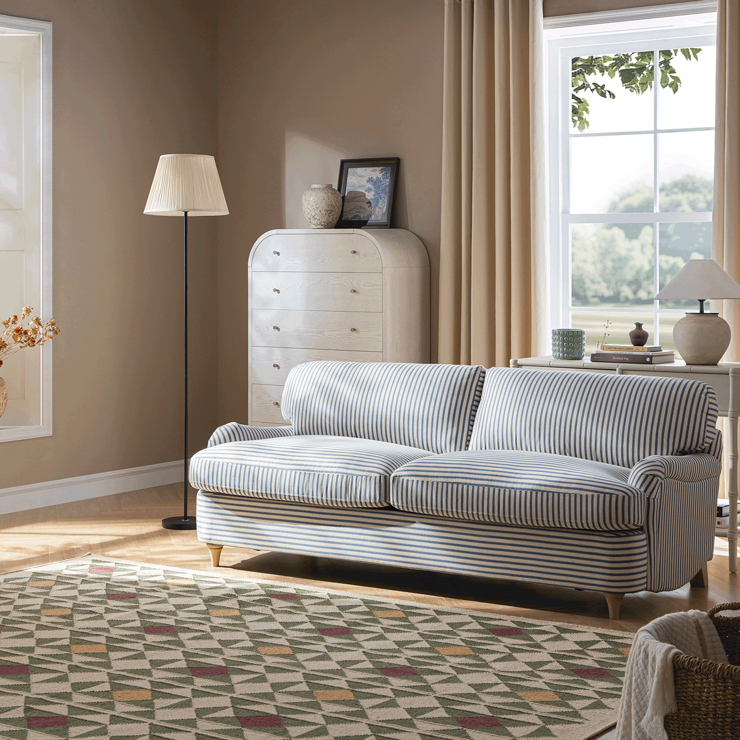 Daphnis Blue Striped Linen Blend Sofa Bed, Large 3-Seater