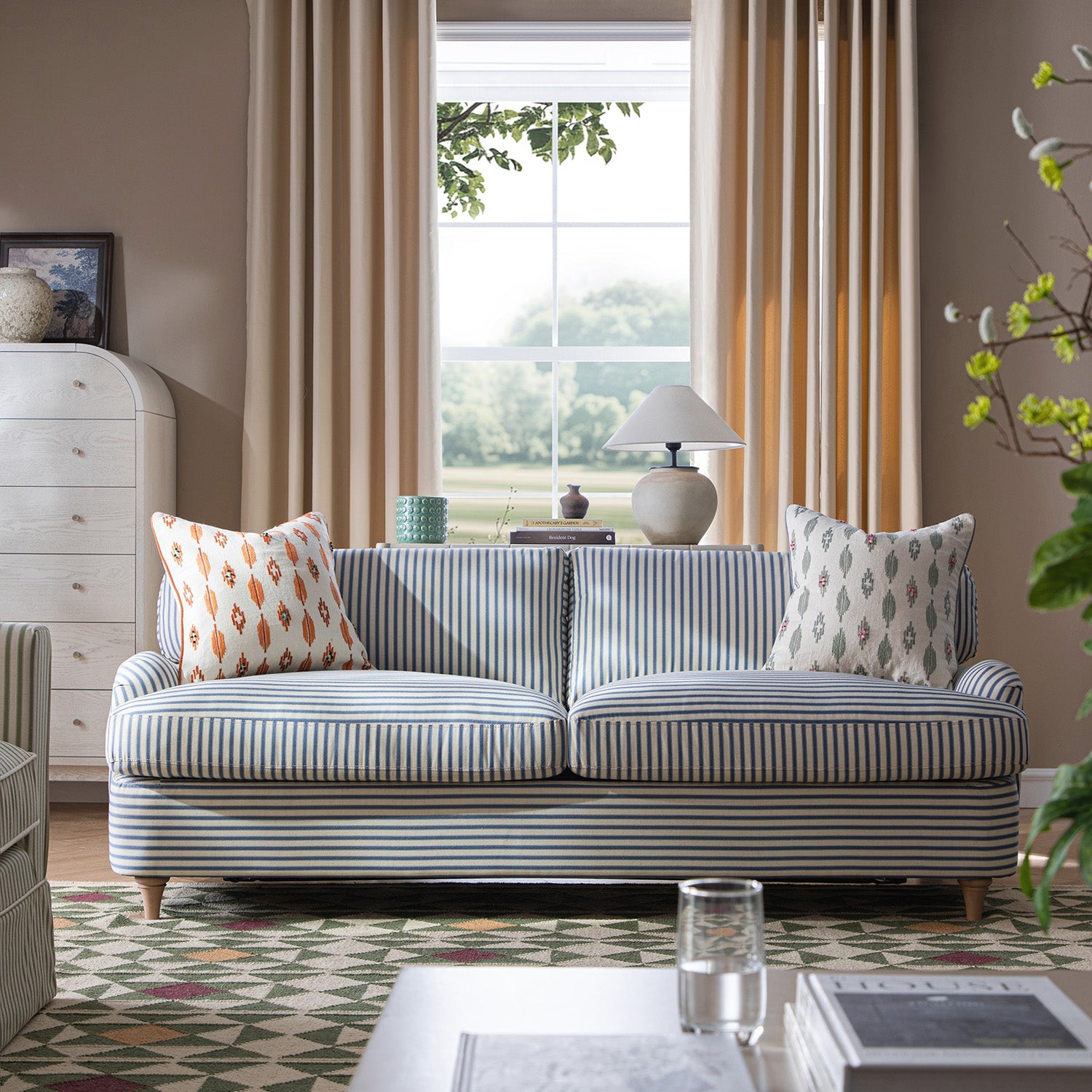 Daphnis Blue Striped Linen Blend Sofa Bed, Large 3-Seater